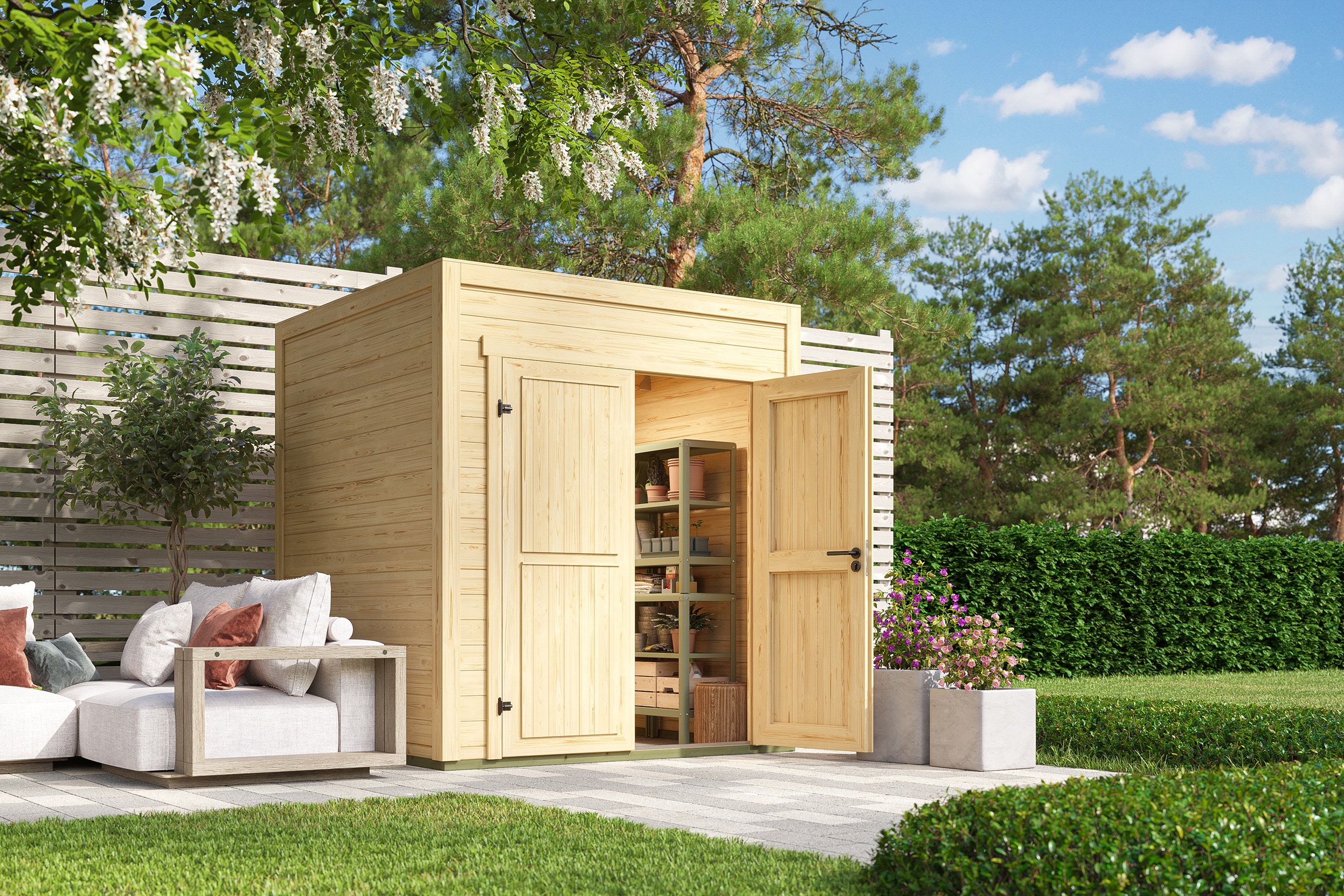 Gartenhaus NORDIC HOLZ "Fynn 1", beige (naturbelassen), ohne Fußboden, Massivholzdach, Holz, Gartenhäuser, Gartenhaus, kleiner stilvoller Schuppen mit Flachdach