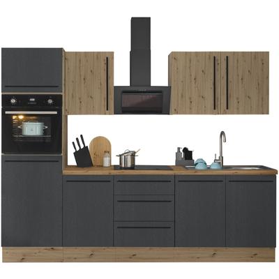 Küchenzeile KOCHSTATION "Florida", schwarz (front: schwarz matt, artisan, korpus: artisan eiche, arbeitsplatte: artisan eiche), B:270cm H:211cm T:60cm, Komplettküchen-Sets, Breite 270 cm, wahlweise mit E-Geräten,Softclose für Türen/Schubkästen Image