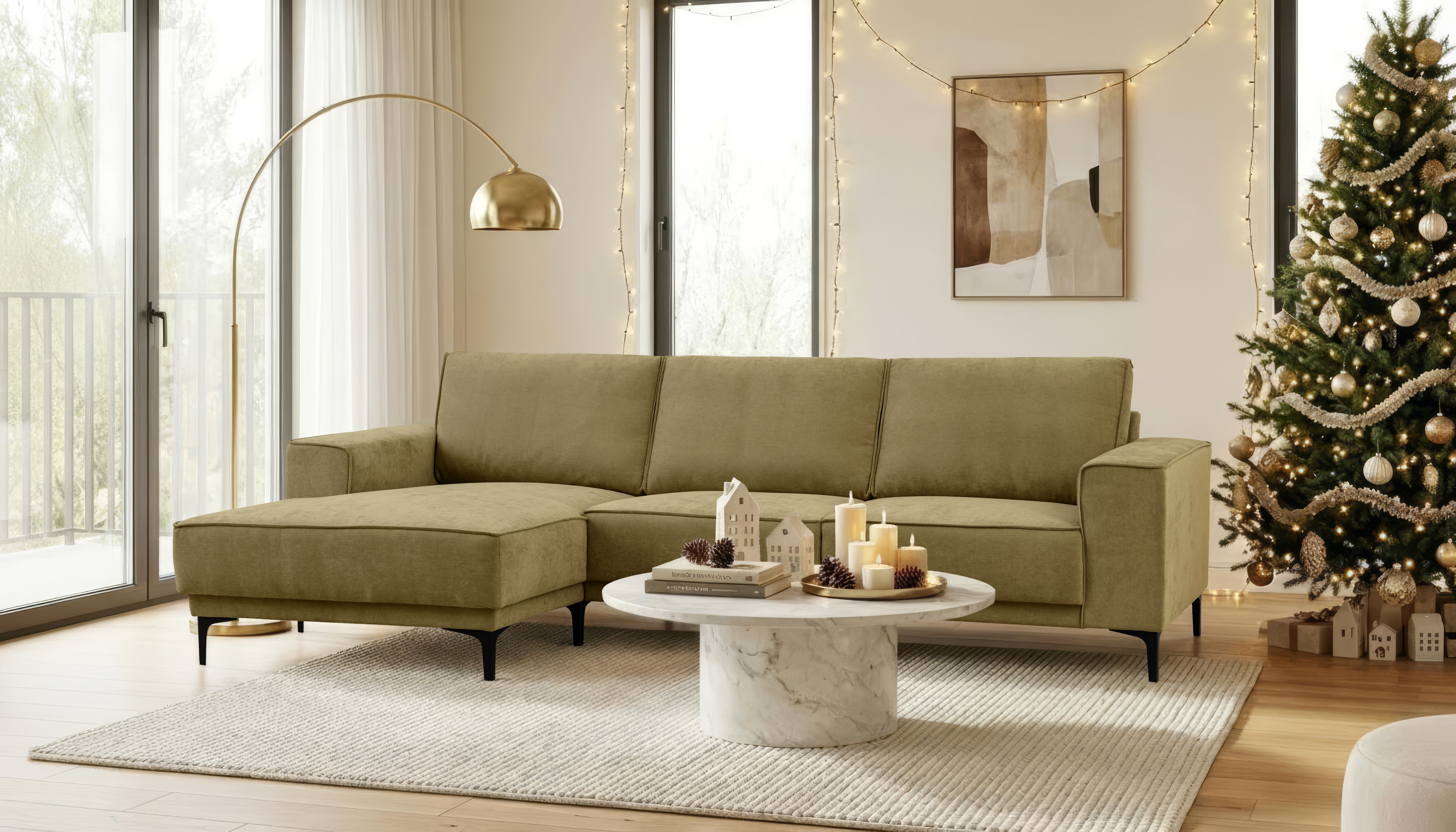 Ecksofa OTTO HOME "Polsterecke Oland, Struktur, Flachgewebe, Luxus-Microfaser, Boucle", grün (olive), B:280cm H:85cm T:152cm, 100% Polyester, Sofas, Ecksofa, L-Form, 280 cm, Wellenunterfederung, Skandi-Design, Metallfüße