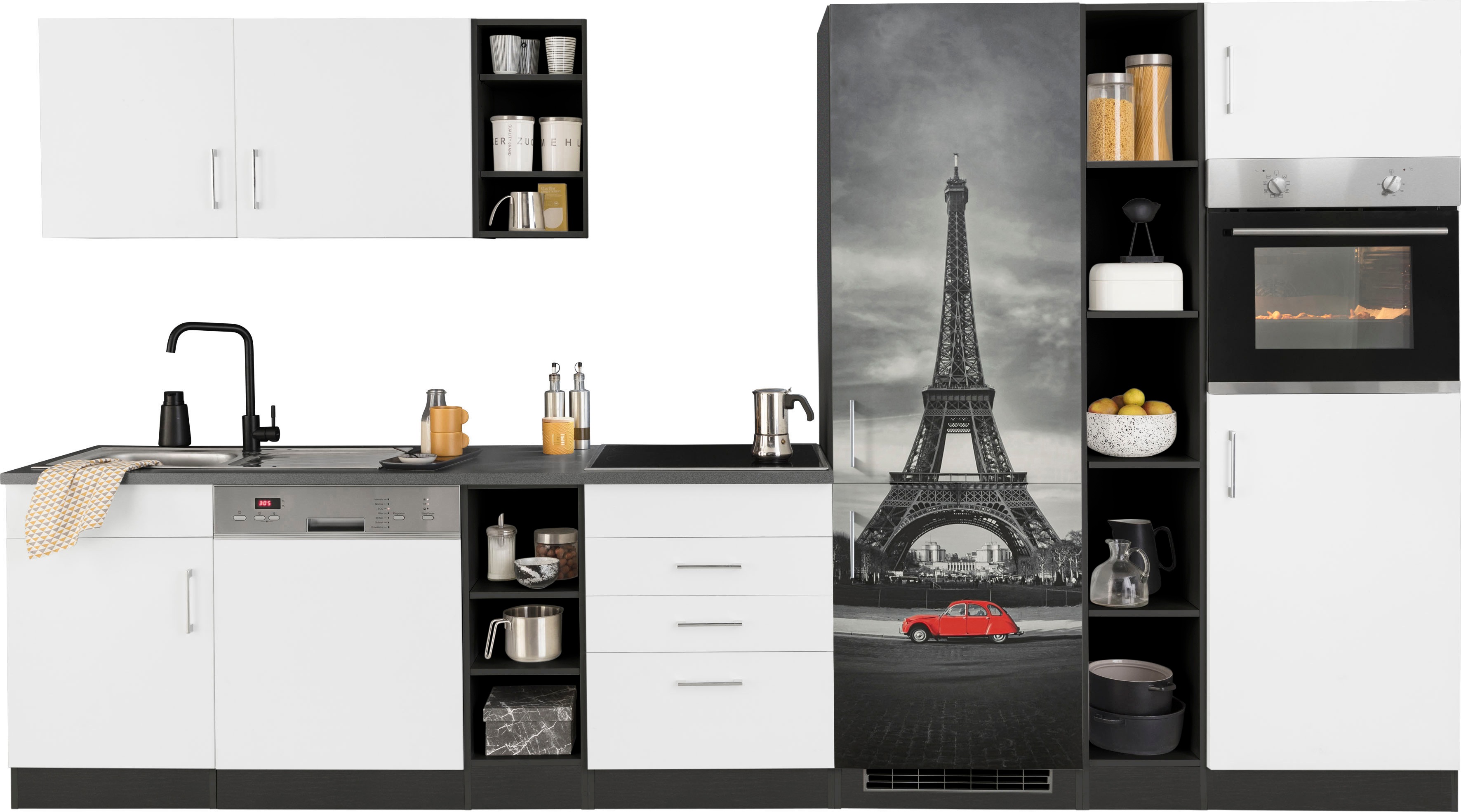 Küchenzeile KOCHSTATION "KS-Paris", weiß (küche: weiß, korpus: grafit, arbeitsplatte: anthrazit), B:350cm T:60cm, Komplettküchen-Sets, ohne E-Geräte, Breite 350 cm Image