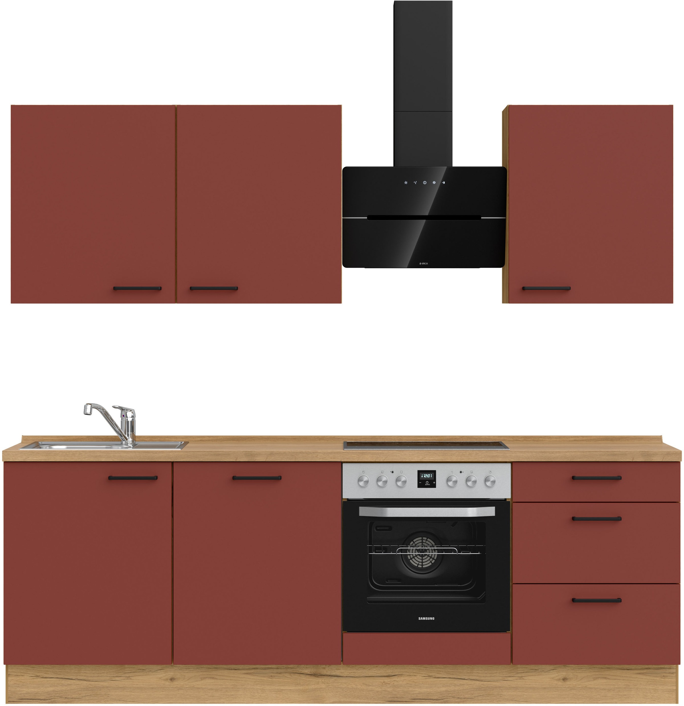 Küchenzeile NOBILIA ""Easytouch II"", rot (küche: rot, korpus: eiche sierra nachbildung, arbeitsplatte: eiche sierra nachbildung), B:240,3cm H:216,6cm T:60cm, Komplettküchen-Sets, vormontiert, Ausrichtung wählbar, Breite 240 cm, wahlw. mit E-Geräten