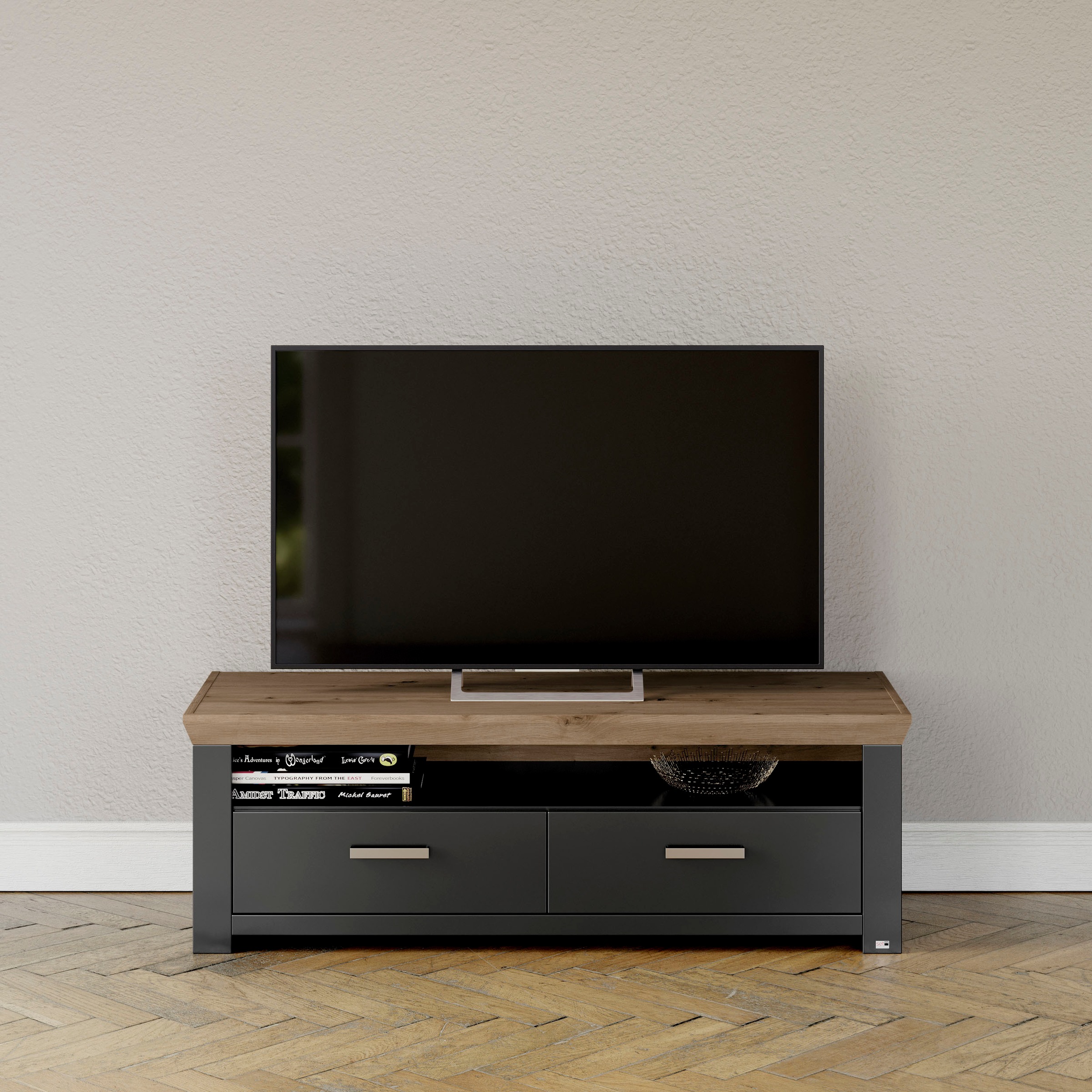 Lowboard "York", grau (grau, eiche), B:140cm H:47cm T:51cm, MDF, SET ONE BY MUSTERRING, Sideboards, Lowboard, Typ 31, mit 2 Schubkästen, Beleuchtung optional, Breite 140 cm