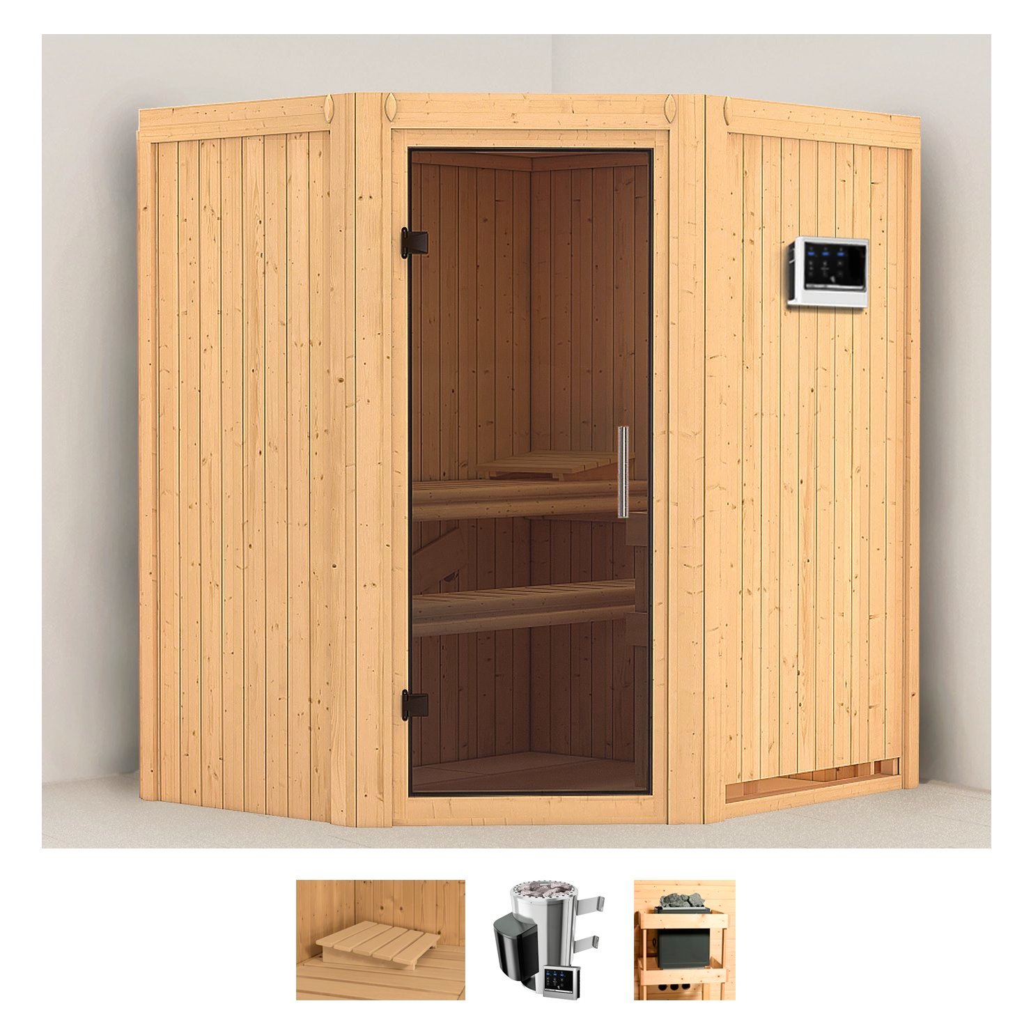 Sauna KARIBU "Tomke", beige (naturbelassen), Saunaofen, externe Steuerung, 3,6 kW, Saunen, 3,6-kW-Plug & Play Ofen mit externer Steuerung Image