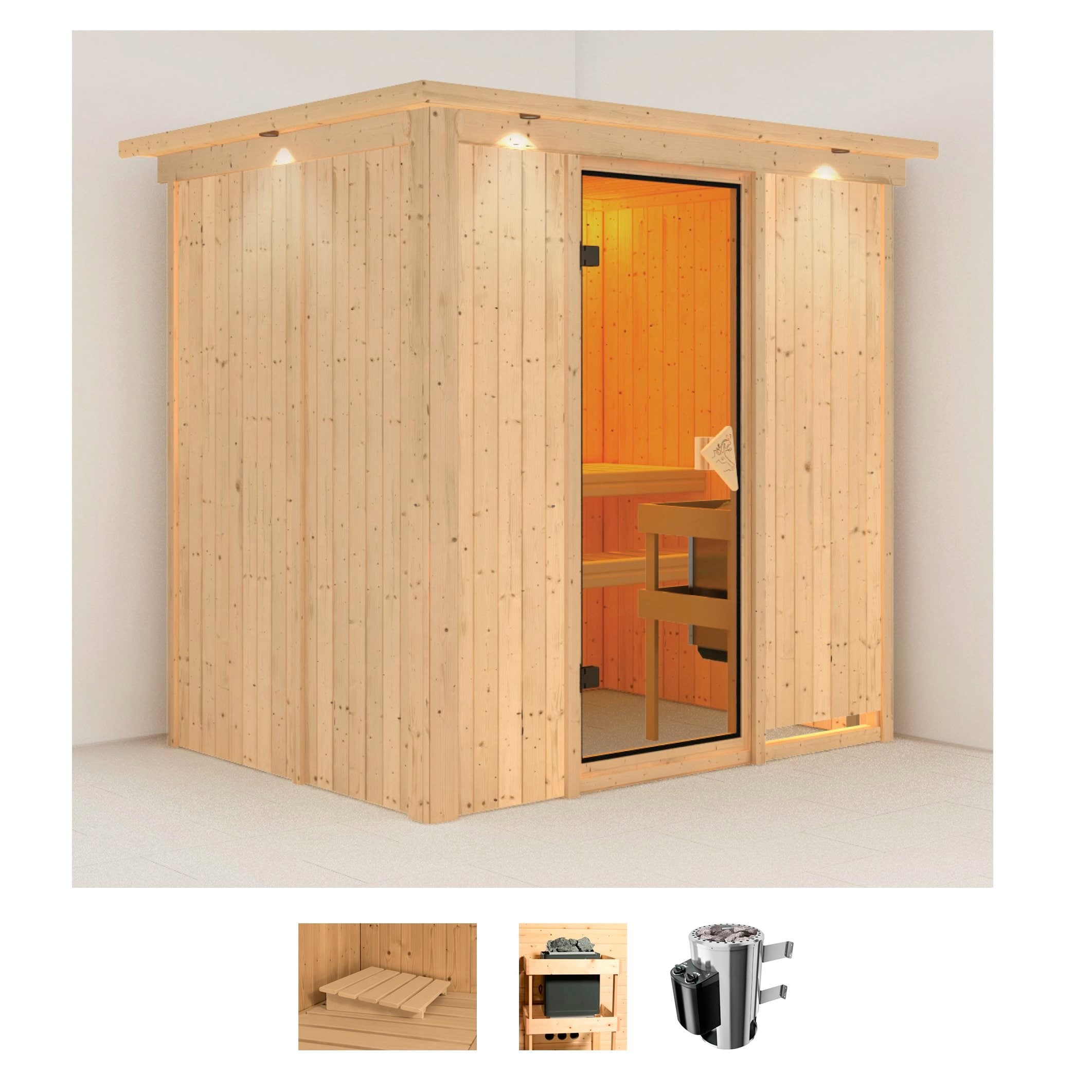Sauna KARIBU "Finja", beige (naturbelassen), Saunaofen, integrierte Steuerung, 3,6 kW, Saunen, Ofen 3,6 kW intgr. Strg