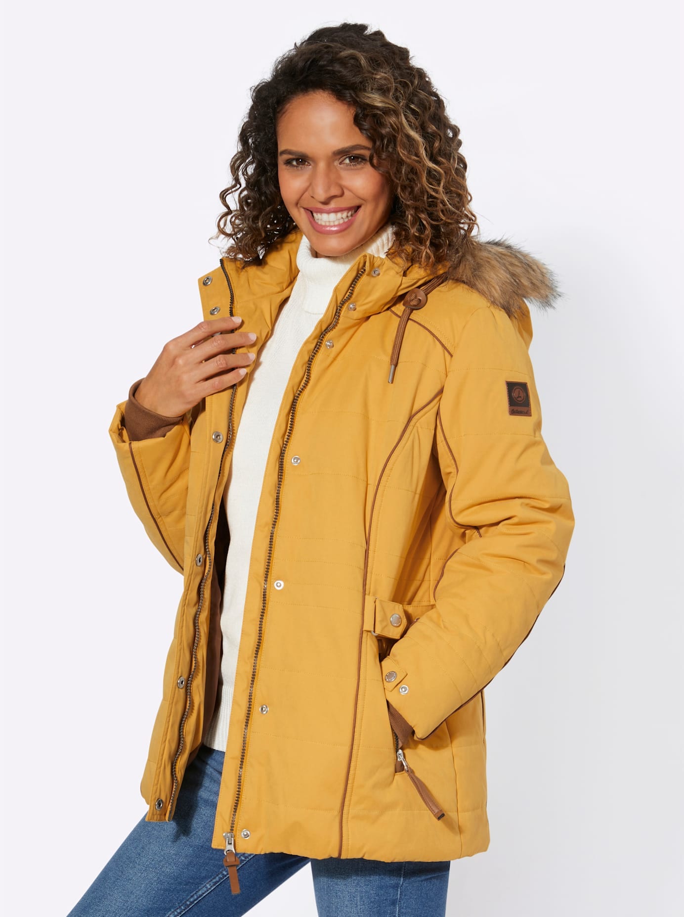 Steppjacke CASUAL LOOKS, Damen, Gr. 52, gelb (ocker), 50% Polyester, 37% Baumwolle, 13% Polyamid, Kunstpelz:80% Polyacryl, 20% Polyester, unifarben, Jacken Steppjacke