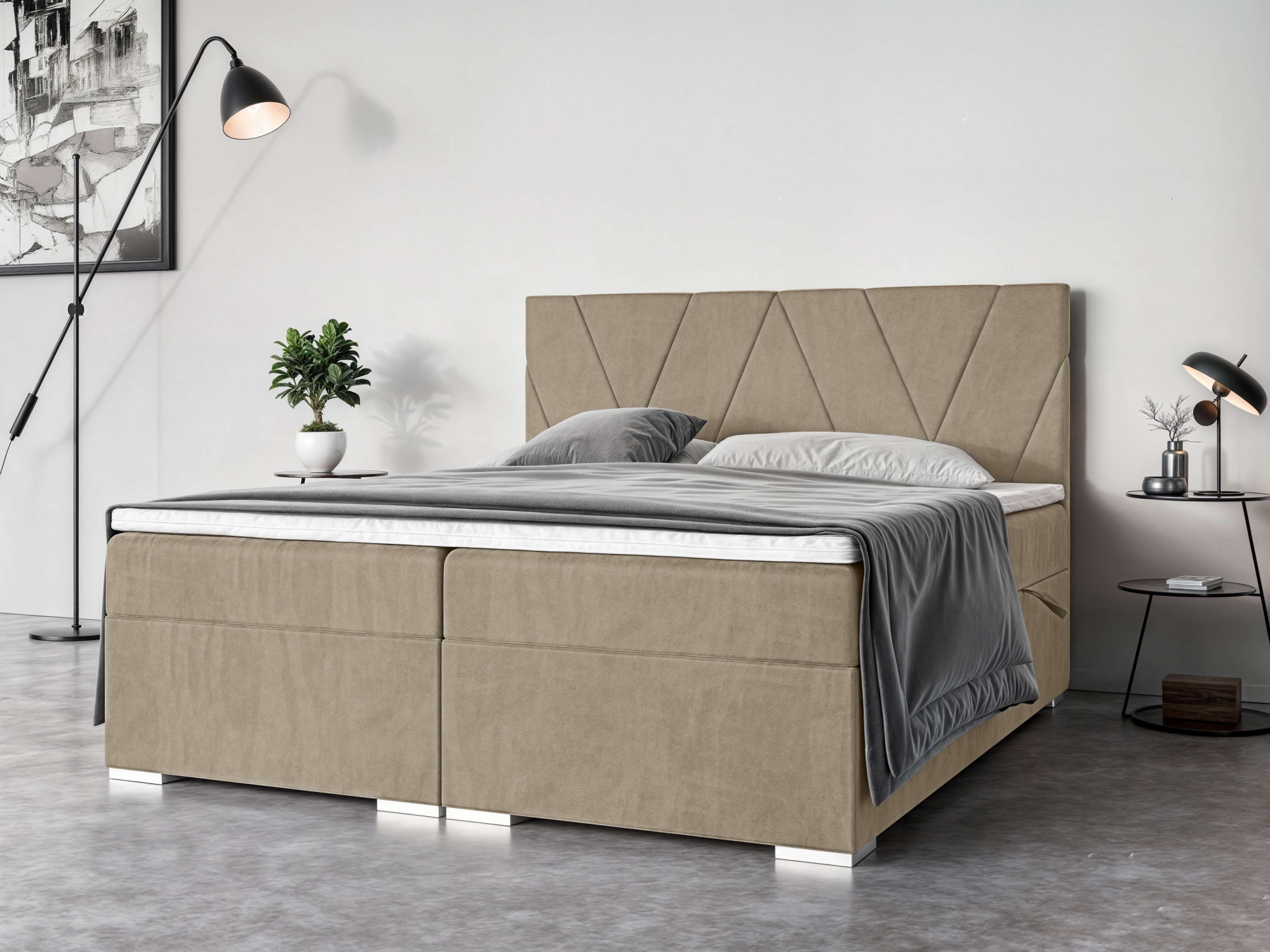 Polsterbett PLACES OF STYLE "Liania mit Matratze und Topper, in 2 Breiten (160 und 180 cm)", grau (taupe), B:182cm H:119cm L:209cm, 100% Polyester, Betten, Boxspringbett mit Bettkasten, Matratze (BFK/TFK) und Topper Image