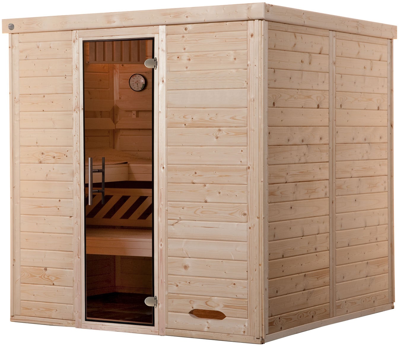Sauna WEKA "Premium-Massiv-Elementsauna KEMI 4", beige (natur), ohne Ofen, ohne Steuerung, (ohne Ofen), Saunen, Blockbohlen, vorgefertigte Elemente, moderne Ganzglastür Image