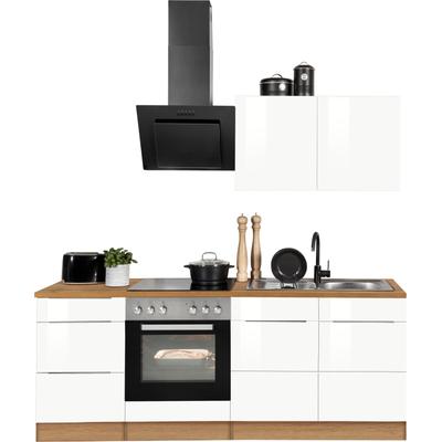 Küchenzeile KOCHSTATION "KS-Brindisi", weiß (front: weiß hochglanz, korpus: wotaneichefarben, arbeitsplatte: wotaneichefarben), B:210cm H:200cm T:60cm, Komplettküchen-Sets, Küchenzeile, Breite 210 cm, wahlweise mit E-Geräten, mit MDF-Fronten Image