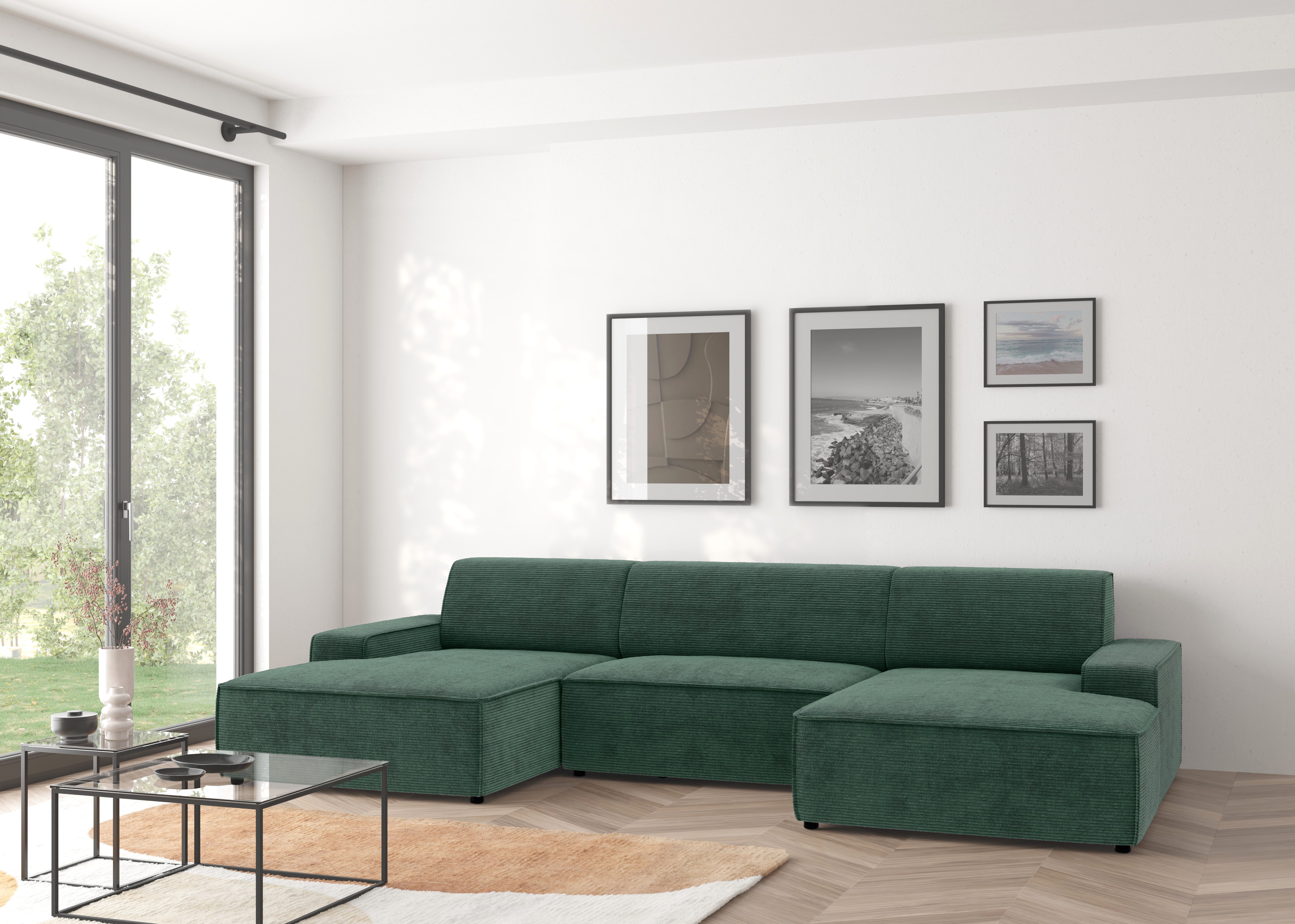 Wohnlandschaft TRENDMANUFAKTUR "Graz, wahlweise mit Sitzvorschub und Bettkasten, U-Form, Breite 329 cm", grün (dunkelgrün), B:329cm H:73cm T:162cm, 92% Polyester, 8% Polyamid, Sofas, Wohnlandschaft, in Cord-, haustierfreundlichem LEO Struktur- oder...