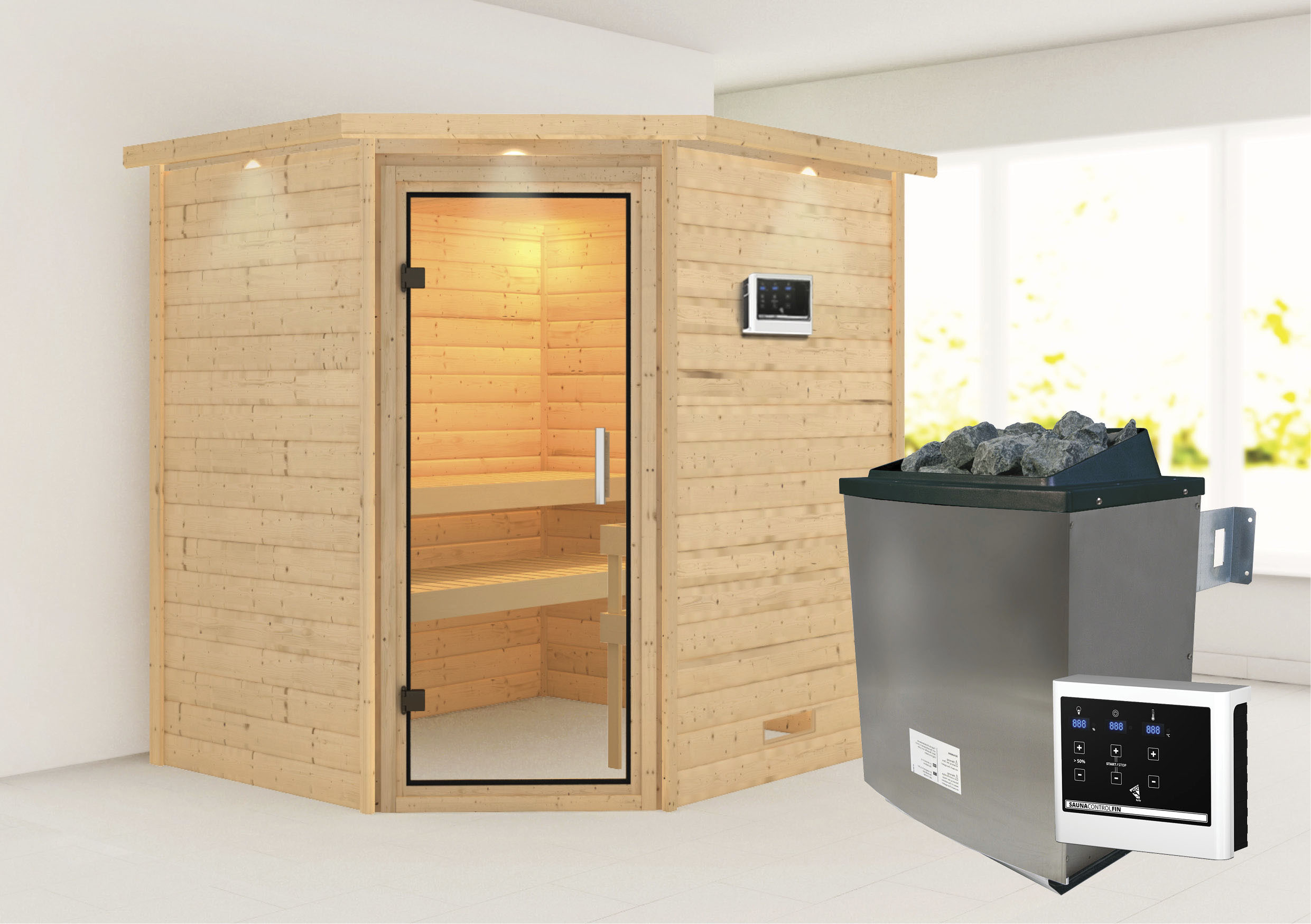 Sauna KARIBU "Mia (Fronteinstieg)", beige (naturbelassen), (ohne Ofen), Saunen, Ofen 9 KW externe Strg easy