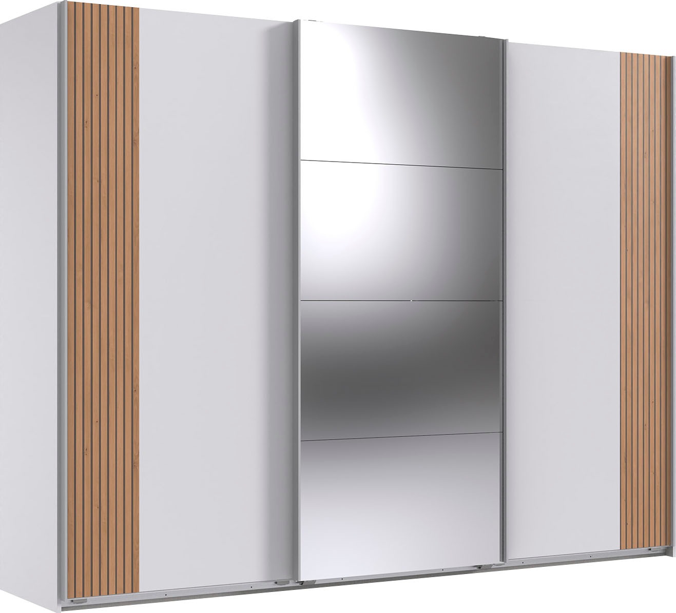 Schwebetürenschrank WIMEX "Malaga", weiß (weiß, akustiklamellen nachbildung in artisan eiche nachbildung), B:270cm H:208cm T:65cm, Spanplatte, Schränke, Schwebetürenschrank, Kleiderschrank 3-türig mit Akustiklamellen-Optik und Spiegel