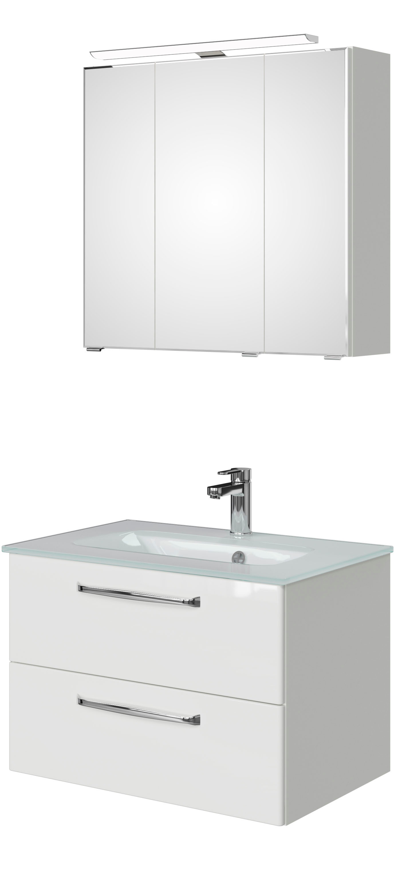 Badmöbel-Set SAPHIR "Trentino 2-teilig Glas-Waschtisch, Spiegelschrank mit LED-Leuchte", weiß (weiß hochglanz), Kastenmöbel-Sets, Badmöbel-Set, Badmöbel-Set 77cm breit, inkl. Türdämpfer, 3 Türen, 2 Auszügen