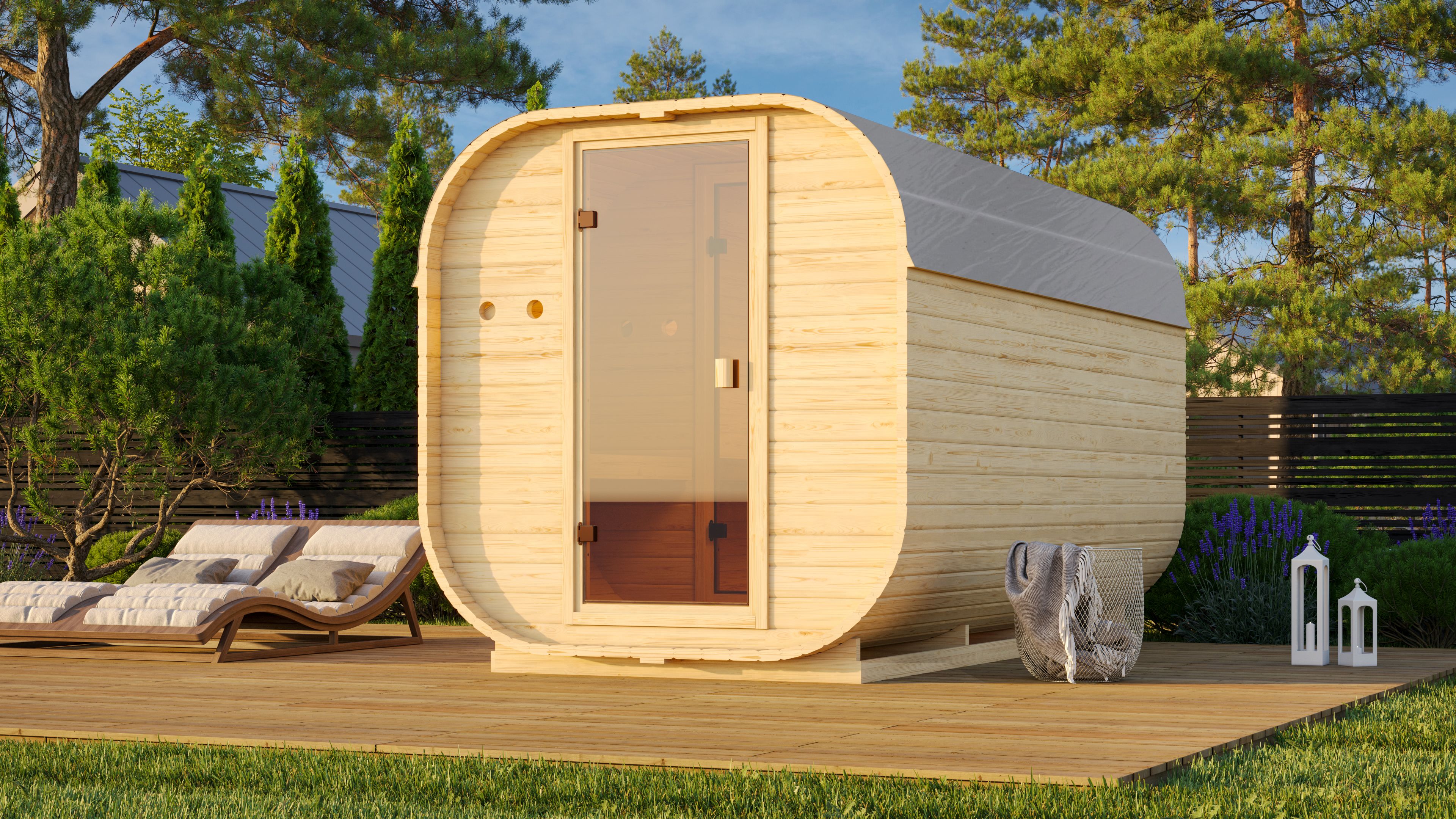 Fasssauna KARIBU "Franzi 3", beige (naturbelassen), Bio-Ofen, externe Steuerung, 9 kW, Saunen Image