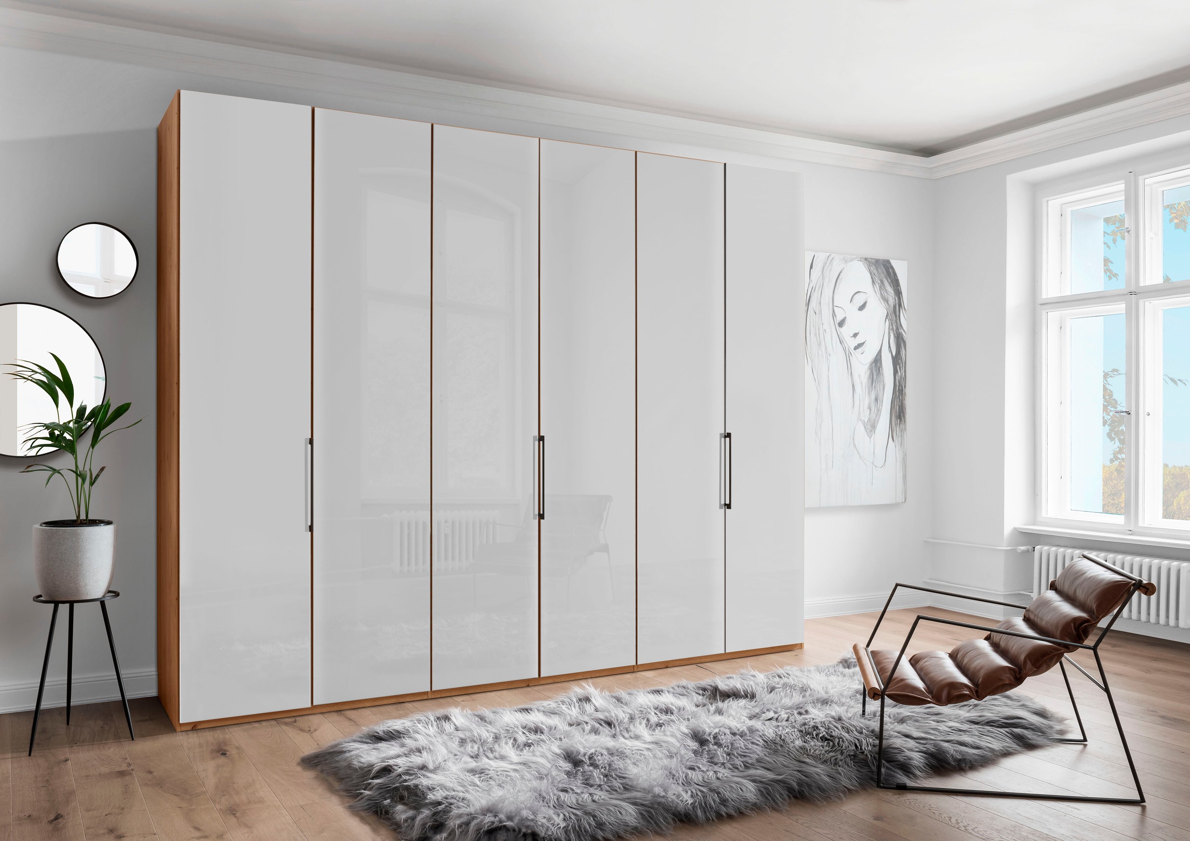 Falttürenschrank WIEMANN "Monaco", braun (bianco, eiche, nachbildung, glas weiß), B:295,2cm H:216cm T:58cm, Floatglas, Holzwerkstoff, Schränke, Kleiderschrank Drehtürenschrank, mit Glasfront sowie hochwertige Beschläge