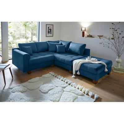 Ecksofa HOME AFFAIRE "Rice L-Form inkl. Hocker", blau (tiefblau), B:216cm H:42cm T:185cm, 100%Polyester, Sofas, mit Bonnellfederkern, Hocker & Kissen, Ottomane beidseitig montierbar Image