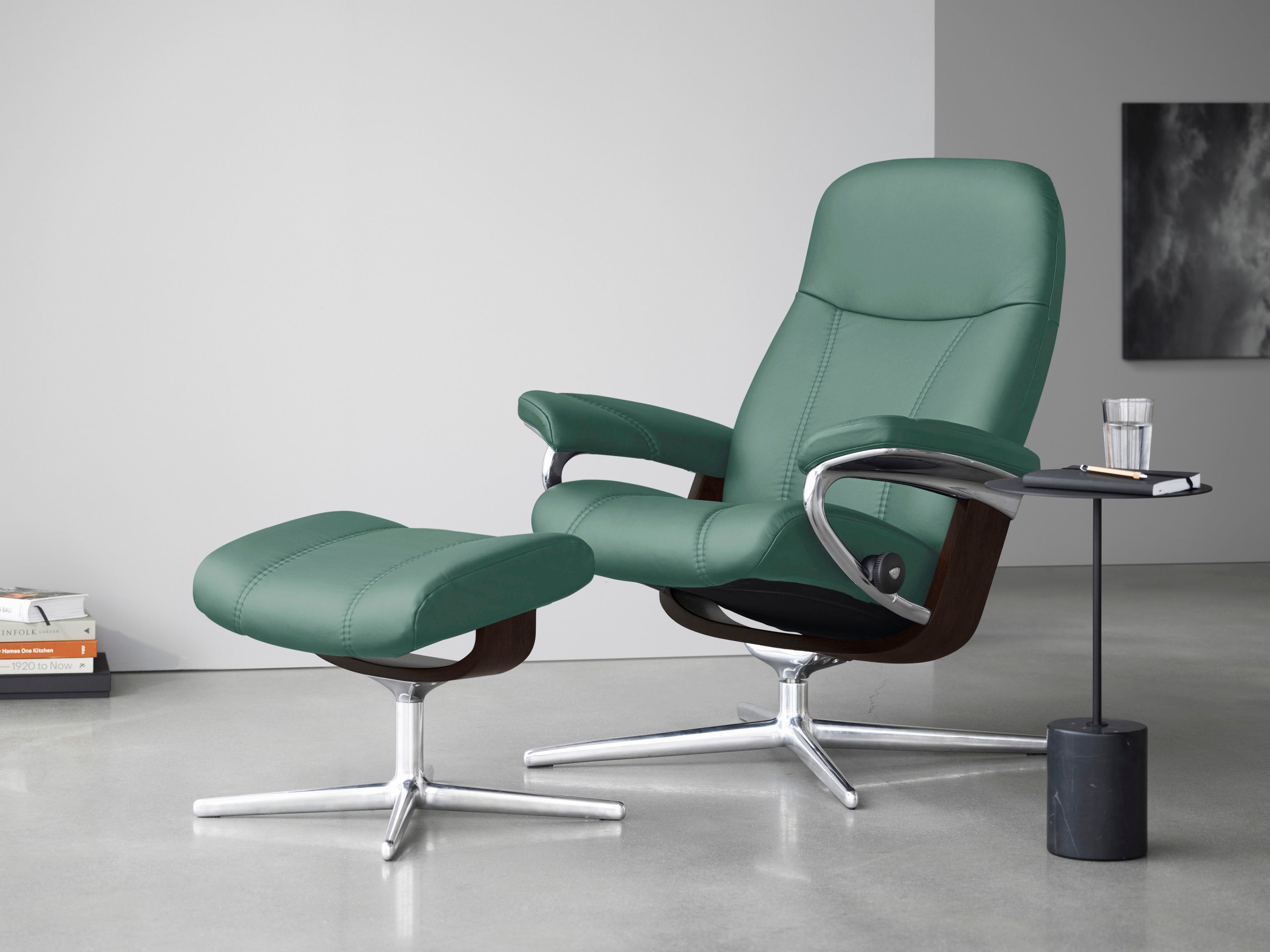 Relaxsessel STRESSLESS "Consul", grün (aqua grün paloma), B:91cm H:102cm T:79cm, Leder PALOMA: PALOMA ist ein durchgefärbtes Semianilin-Möbelleder mit natürlicher Narbung., Sessel, Relaxsessel, mit Hocker, mit Cross Base, Größe S, M & L, Holzakzent...