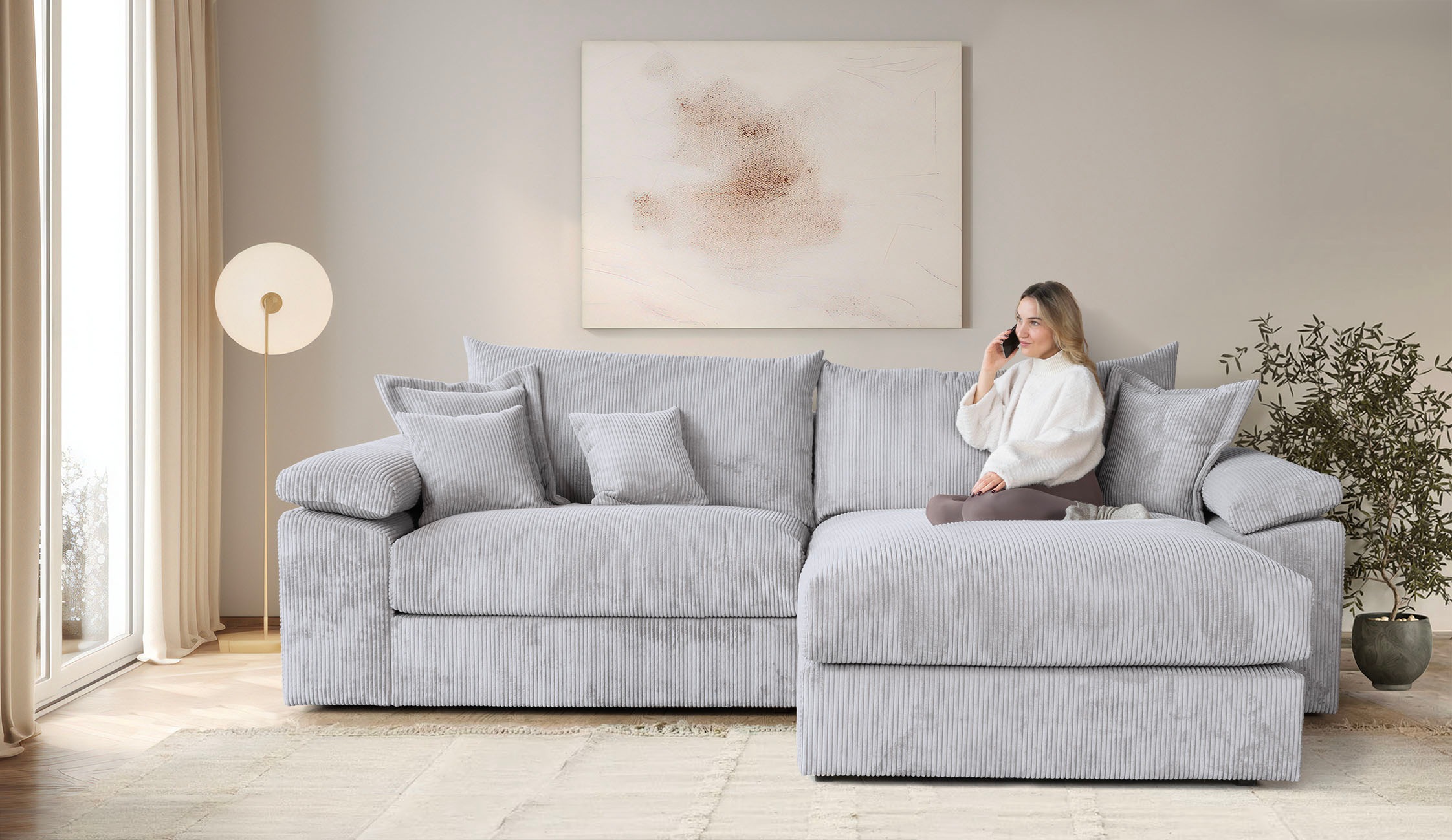 Ecksofa HOME AFFAIRE "Soft&Cosy XXL L-Form, B: 303 cm - OTTO. Verlässliche Qualität.", grau (hellgrau), B:303cm T:187cm, 100% Polyester, Sofas, Ecksofa, Mega-Sofa, Cord oder Chenille-Struktur, mit Federkern & 4 Zierkissen, Topseller