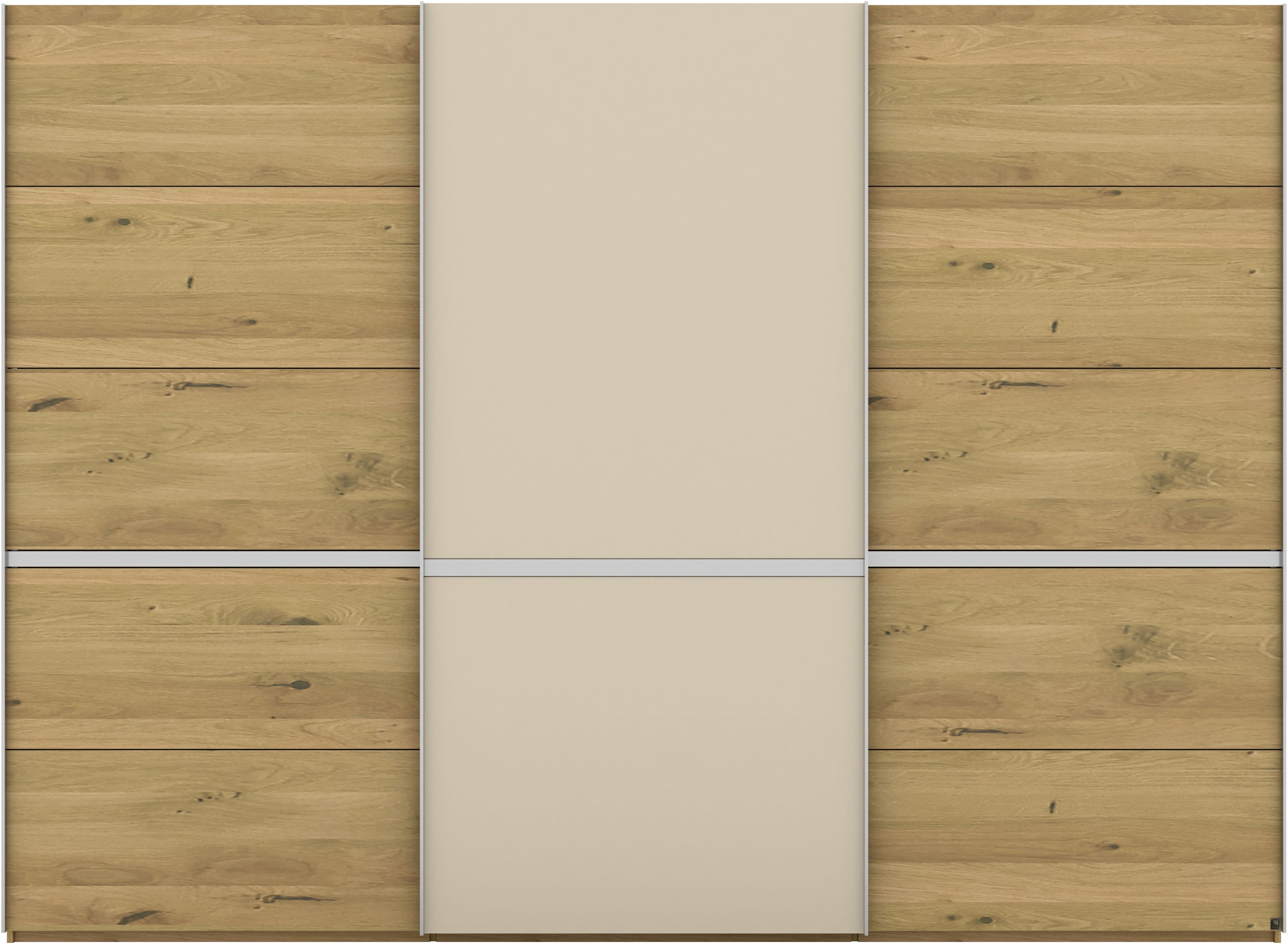 Schwebetürenschrank MUSTERRING "Savona, Kleiderschrank, Schrank, Garderobe, mit Schiebetüren", beige (braun), B:300cm H:217cm, Schränke, Türen Bianco-Eiche massiv, Spiegel-/Glastüren, eingelegte Chromleiste