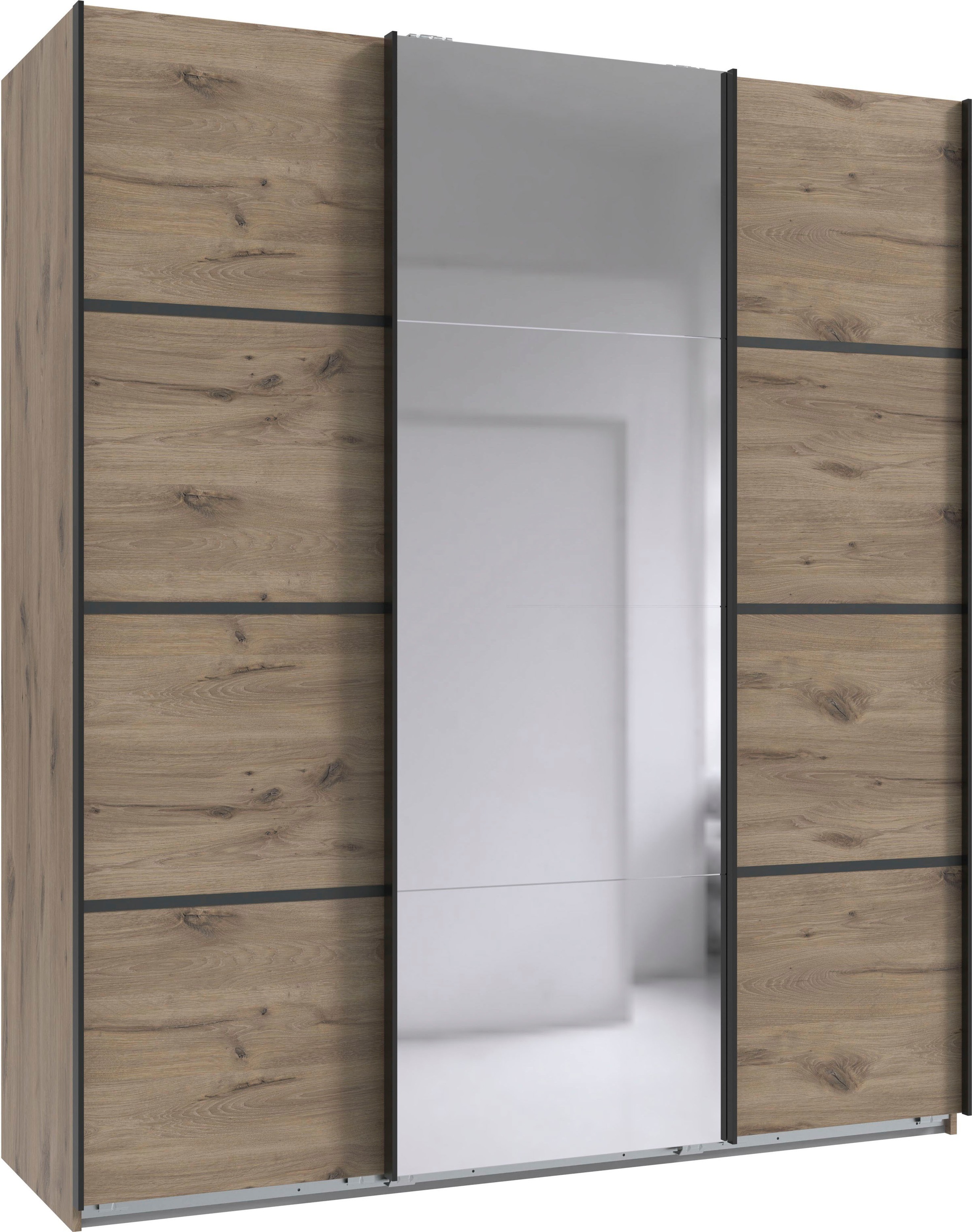 Schwebetürenschrank WIMEX "Jork Kleiderschrank mit Spiegel, schwarze Metallgriffe", braun (viking, oak, nachbildung, abgesetzt graphit), B:180cm H:208cm T:65cm, Holzwerkstoff, Spanplatte, Schränke, Schwebetürenschrank, Schrank in verschiedenen...