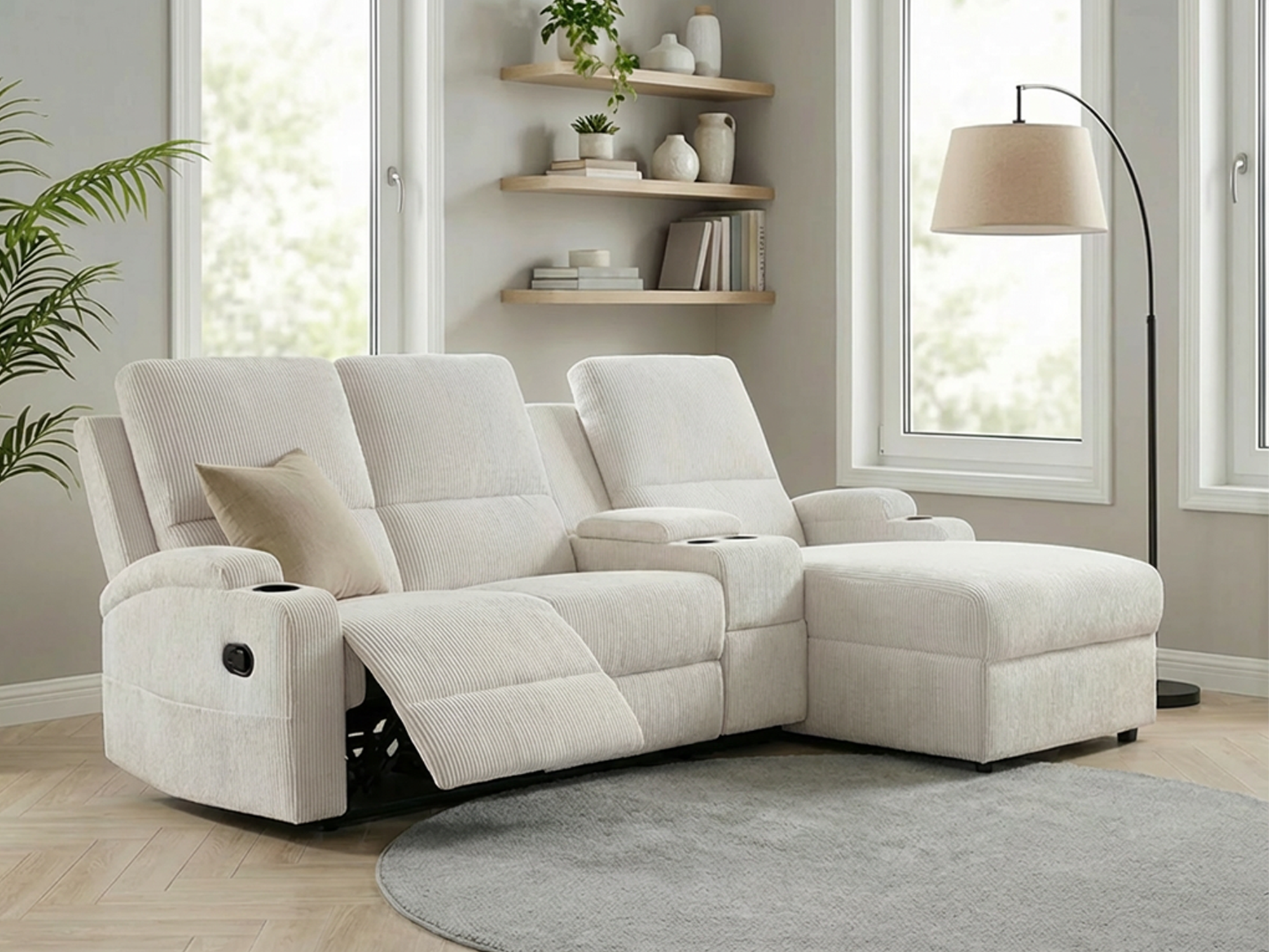 Ecksofa OTTO HOME "NAPORI Multimediasofa, 3er Kinosessel XXL, L-Form, Cord", beige (creme), B:240cm H:105cm T:155cm, Sofas, Ecksofa, Kinosofa mit Relaxfunktion, Getränkehalter, Staufach und Staukasten