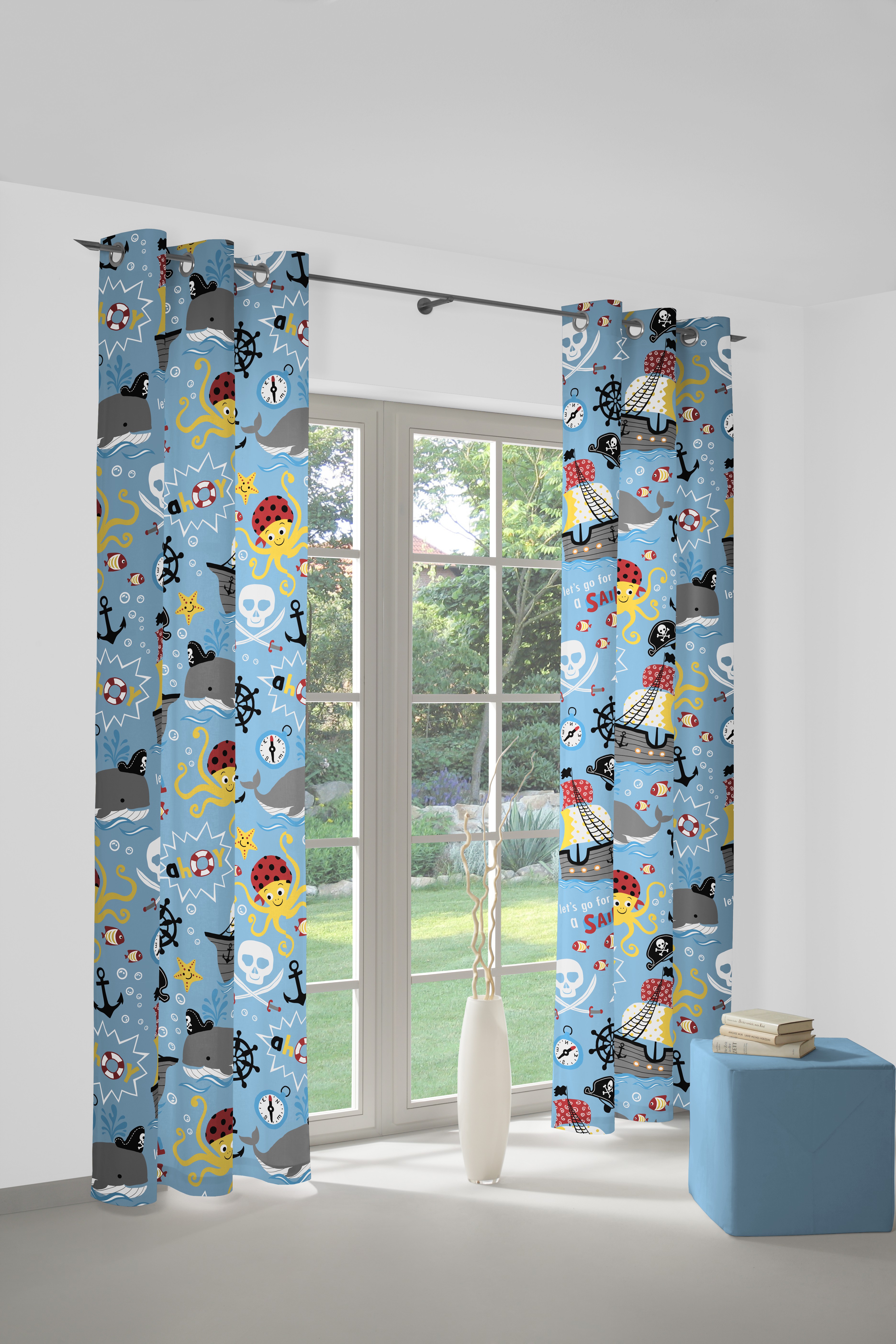 Vorhang ADAM "Pirates" Gr. 4, blau, B:145cm H:245cm, Jacquard, Baumwolle (Bio-Baumwolle), Gardinen, aus 100% Bio-Baumwolle Image