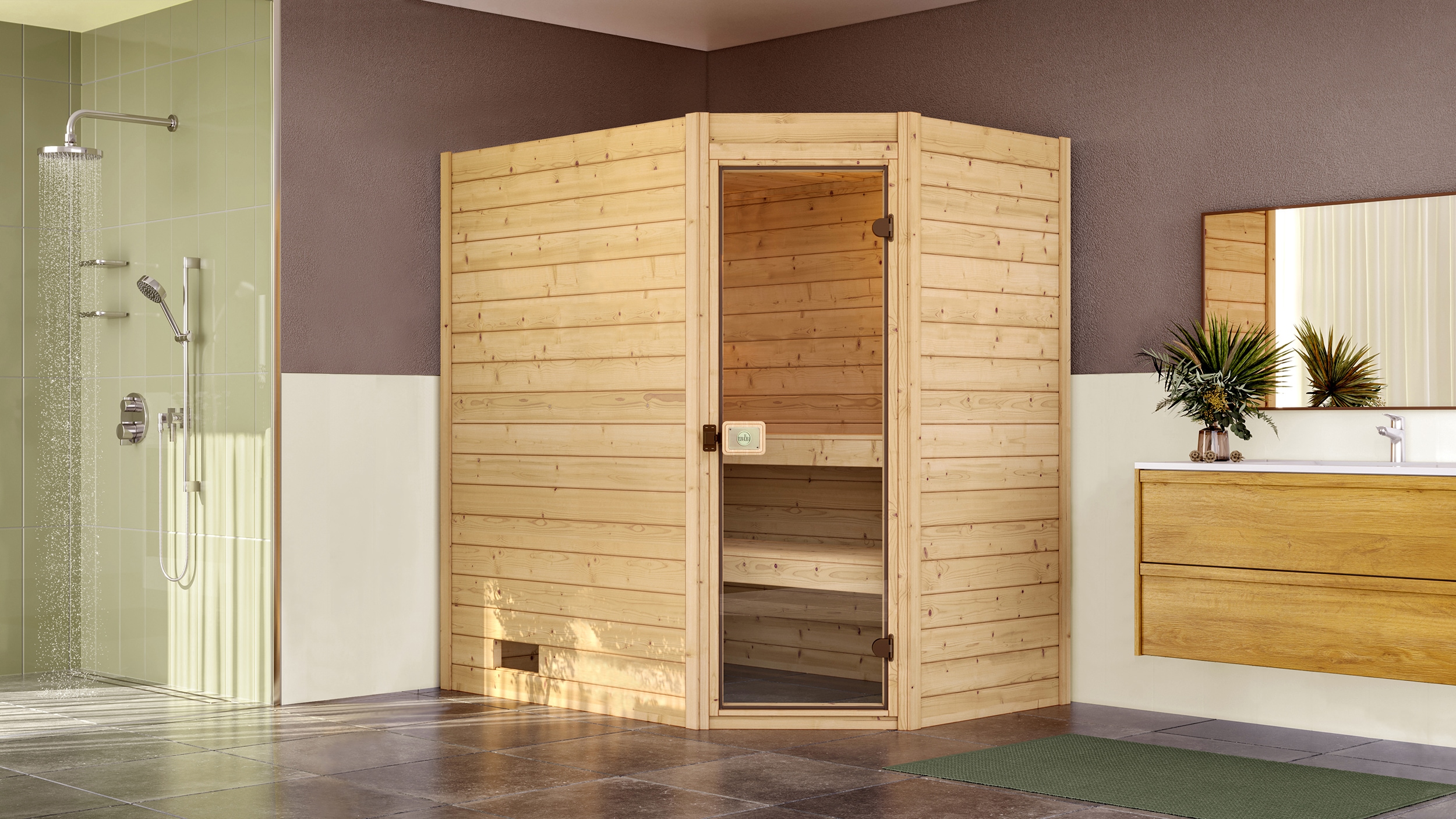 Sauna WEKA "Massivholzsauna VALIDA Eck 1", beige (natur), Saunaofen, integrierte Steuerung, 5,4 kW, Saunen, Blockbohlen, moderne Ganzglastür Image