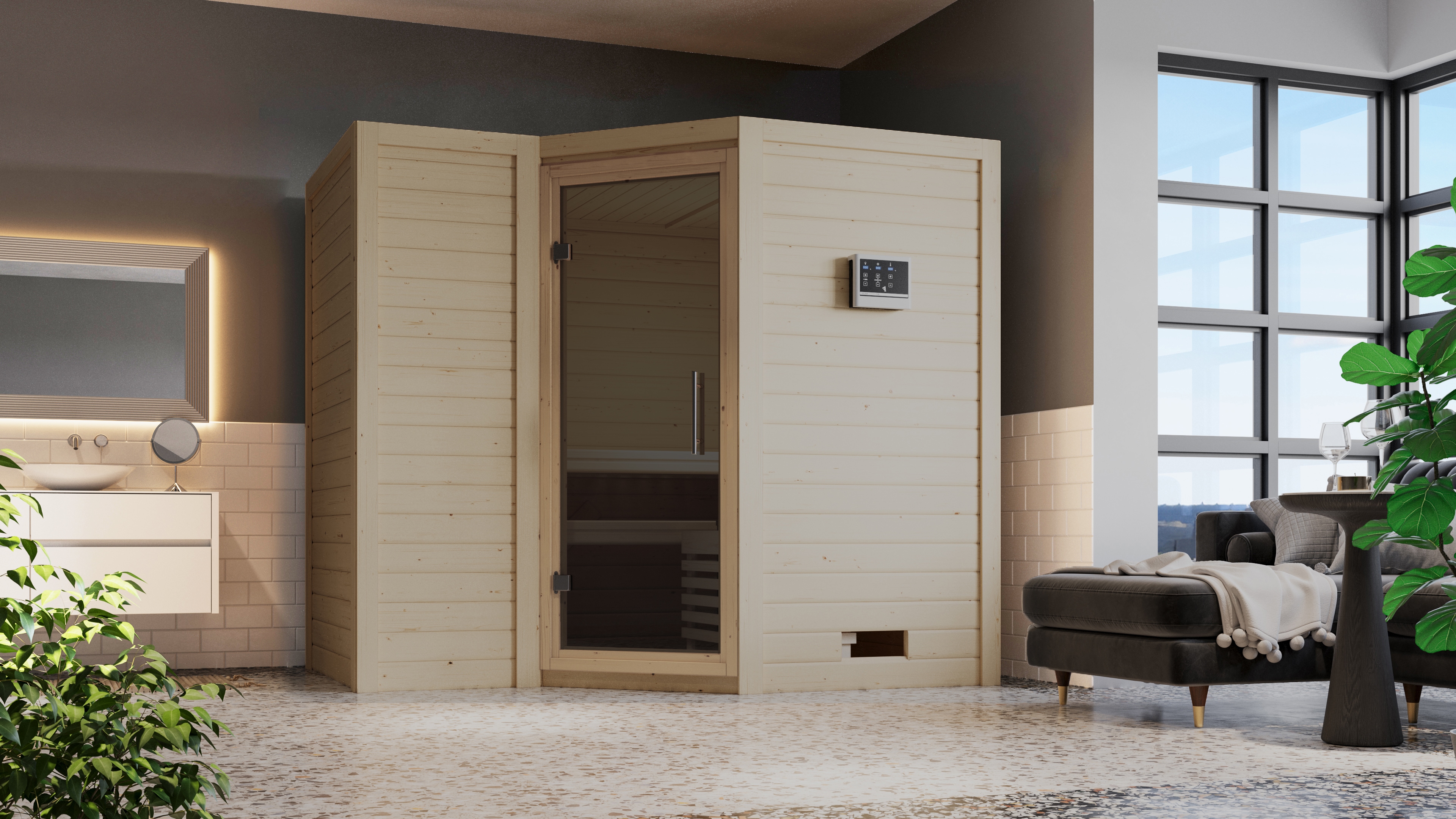 Sauna KARIBU "Sanna 2", beige (naturbelassen), Saunaofen, externe Steuerung, 9 kW, Saunen, Ofen 9 KW externe Strg easy