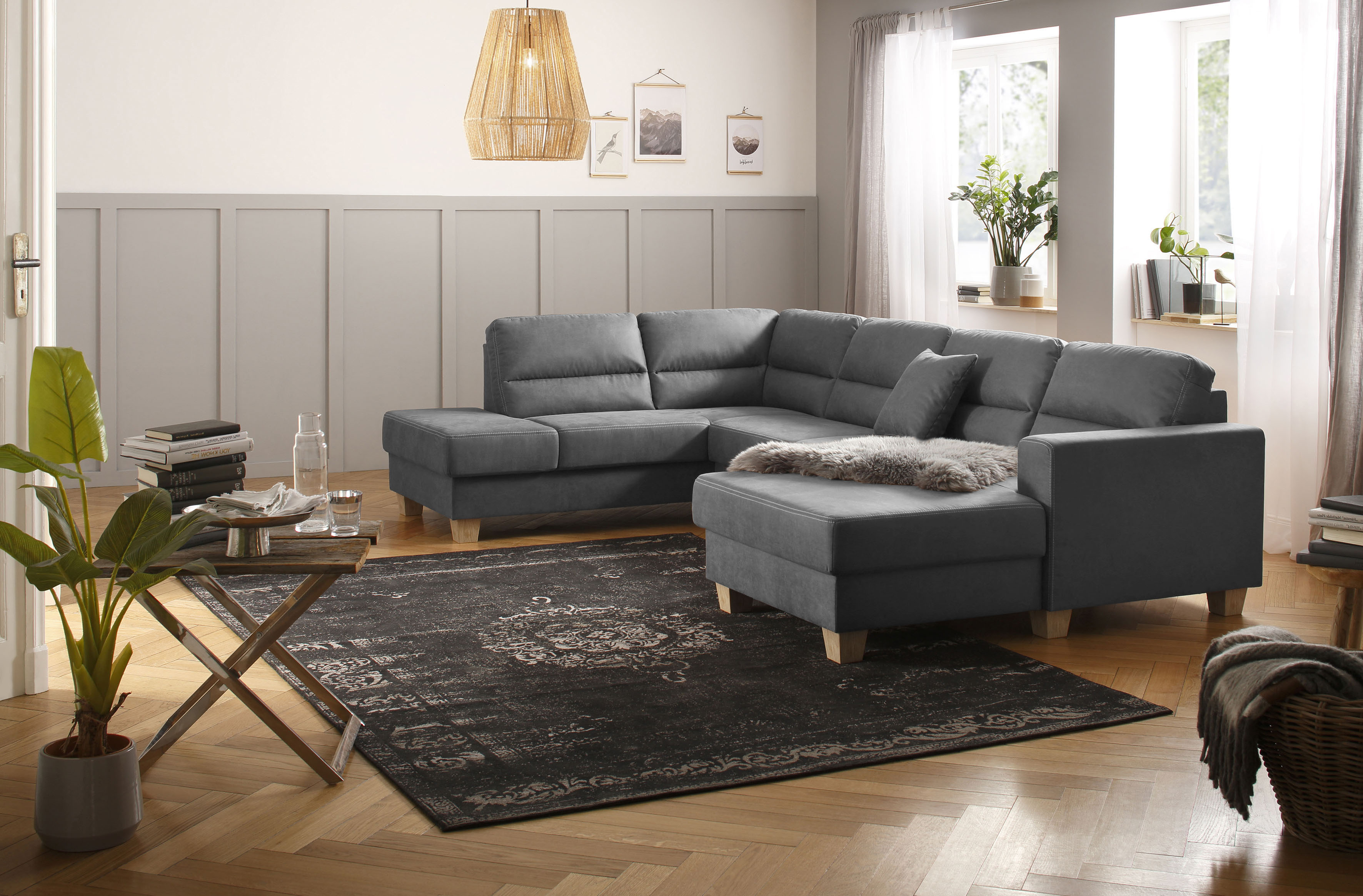 Wohnlandschaft HOME AFFAIRE "Navan, komfortabel mit viel Platz, U-Form", grau (dunkelgrau), B:313cm H:85cm, Sofas, Wohnlandschaft, wahlweise mit Bettfunktion und Kopfstütze