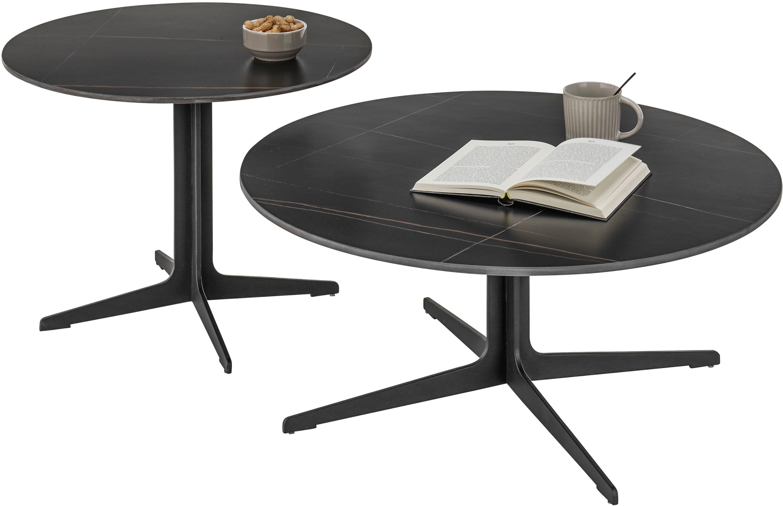 Couchtisch STOLKOM "LENA", schwarz (schwarz, schwarz, schwarz), Couchtisch 2er SETmit Keramiktischplatten schwarz, Tische, rund Keramik Schwarz, Tisch mit Gestell in schwarz