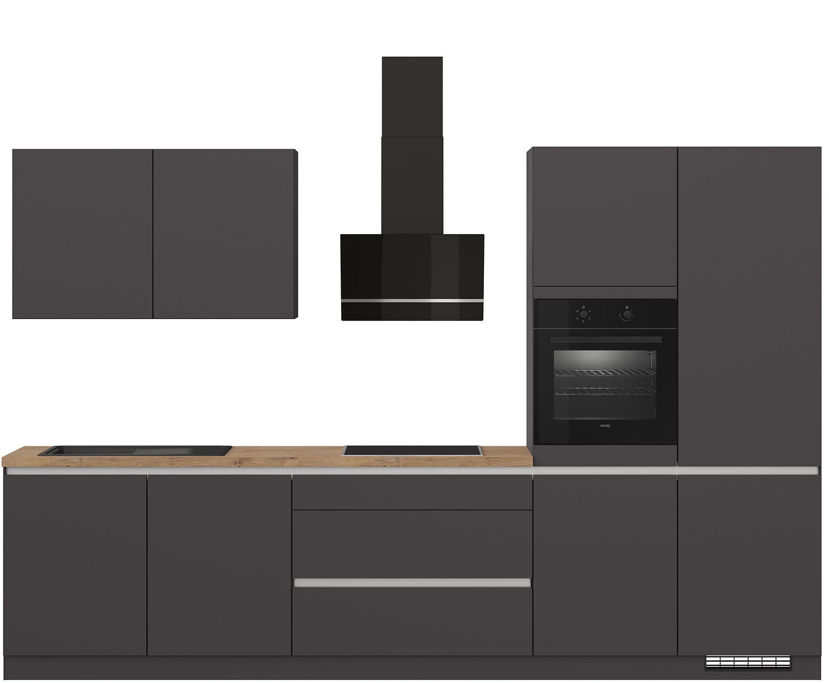 Küche IMPULS KÜCHEN ""Dublin", Anti Fingerprint Oberfläche, Schubkästen mit Soft-Close", grau (küche: grau, korpus: grafitfarben, arbeitsplatte: vintage eiche, nachbildung), B:340cm H:222cm T:60cm, Komplettküchen-Sets, Küchenzeile, vormontiert,...