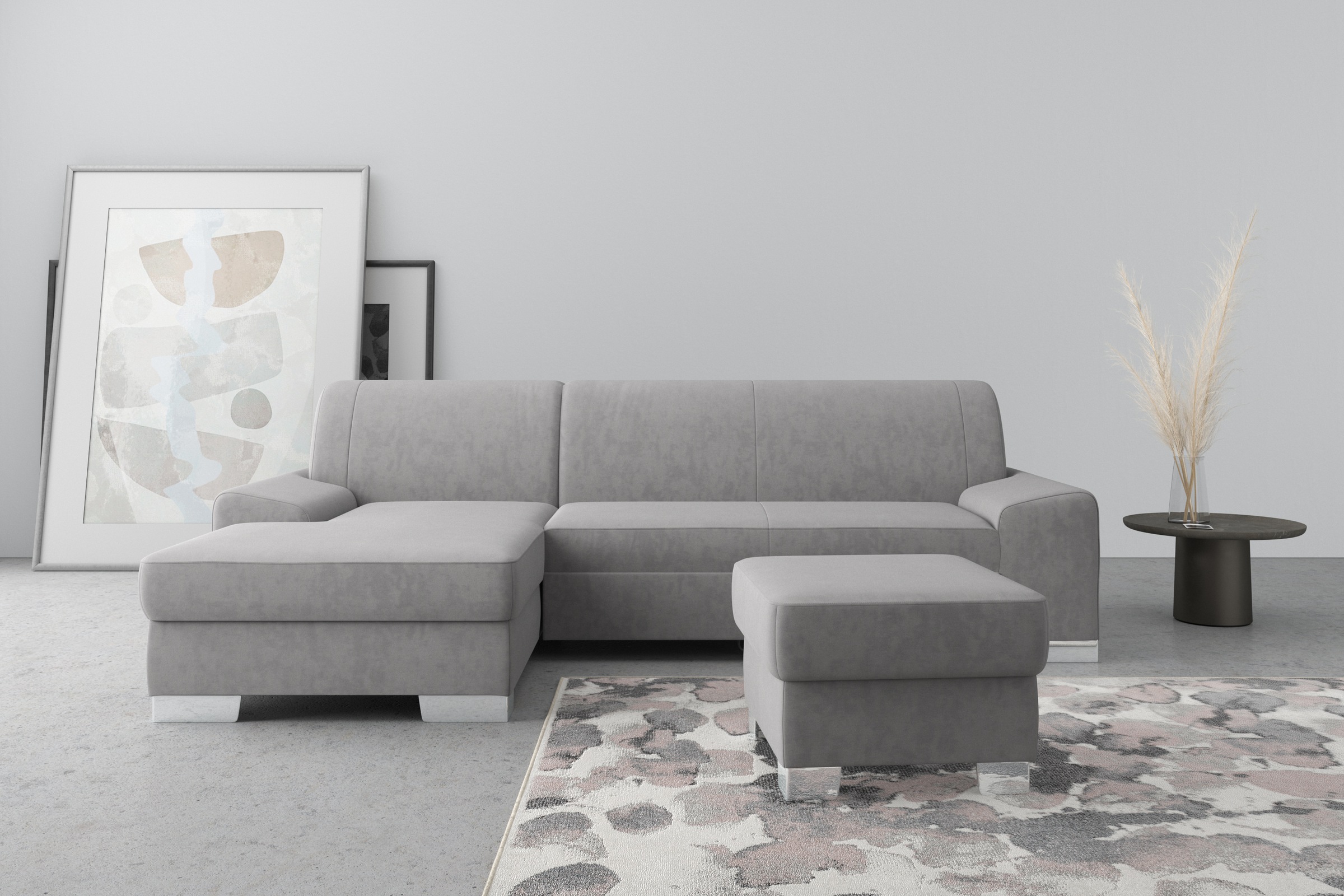 Ecksofa DOMO COLLECTION "Anzio L-Form, whlw. Bettfunktion, Federkern, hochwertig, Breite 271 cm", grau, B:271cm H:85cm T:160cm, Sofas, Ecksofa, Ohne Bettfunktion, Recamiere links, Samtoptik, grau