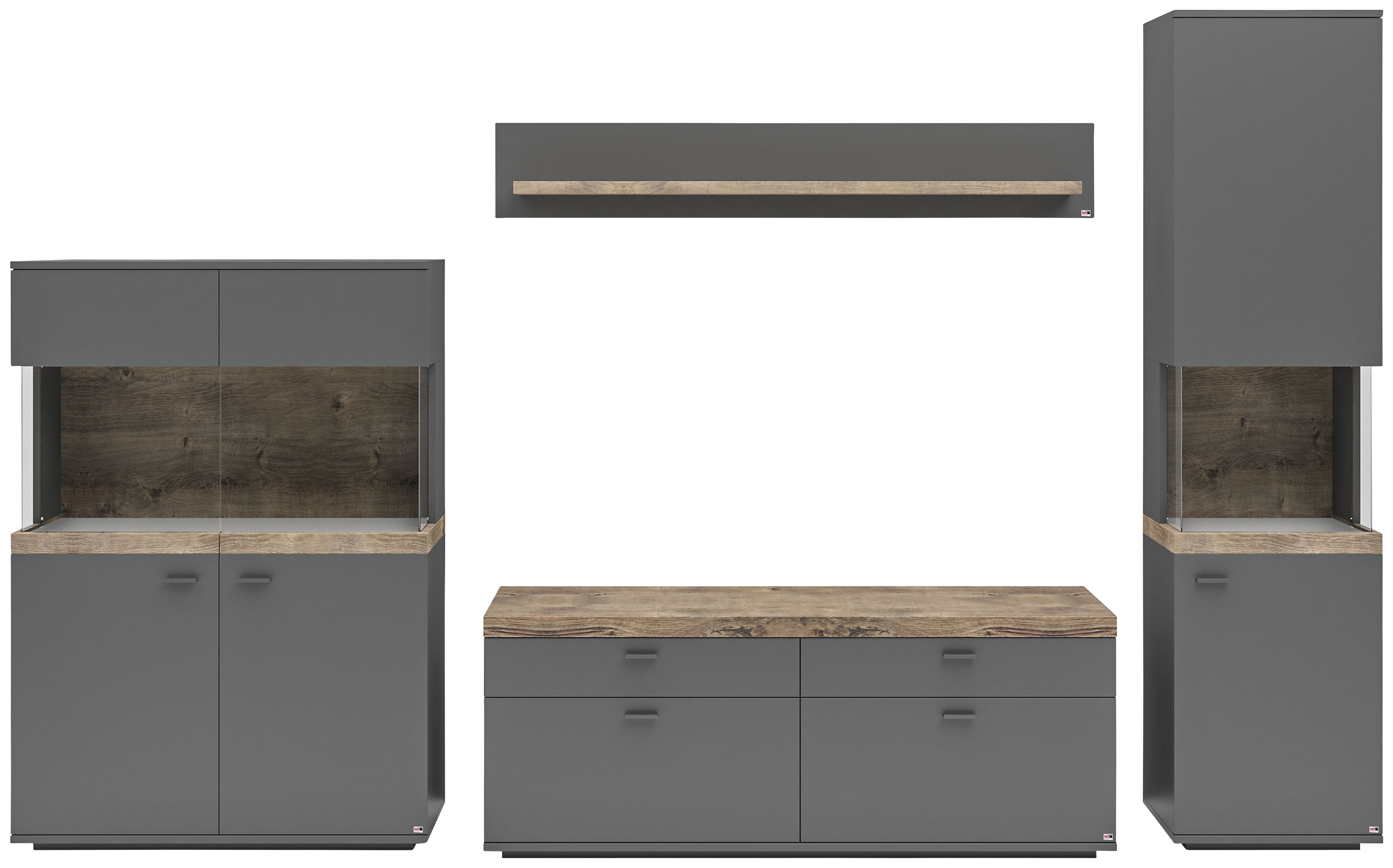 Wohnwand "Lancaster", grau (grau mit eiche ribbeck cognac), B:320,3cm H:206,2cm T:43,6cm, SET ONE BY MUSTERRING, Kastenmöbel-Sets, 4-teilig mit Fronten in weiß oder grau, Breite ca.320cm