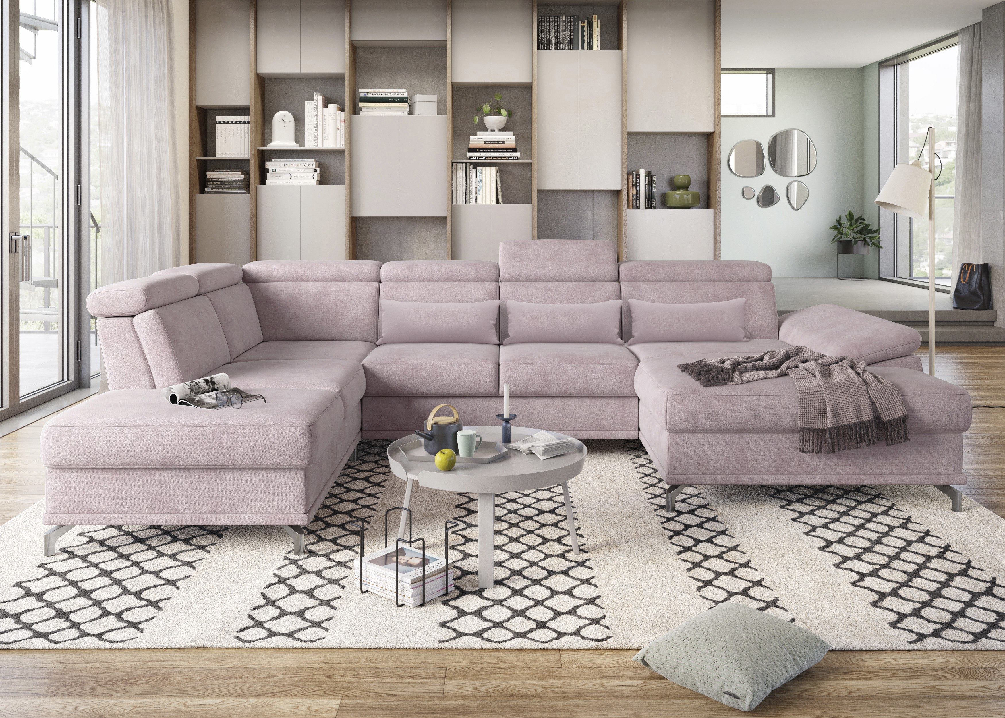Wohnlandschaft SIT & MORE "Cabrio U-Form, B: 359 cm, mit Sitztiefen-, Arm- & Kopfteilverstellung", rosa (rose), B:359cm H:87cm T:230cm, 100% Polyester, Sofas, 3 Nierenkissen, Federkern, optional Bettfunktion und Stauraum Image