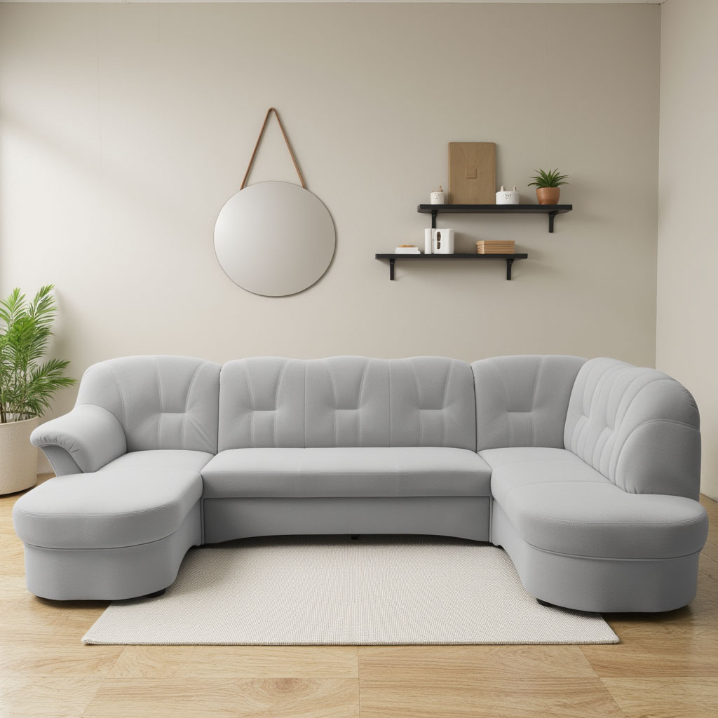 Wohnlandschaft DOMO COLLECTION "Flores auch in Leder-Bezug, B/T/H: 293/180/86 cm, U-Form", silber, B:293cm H:84cm T:182cm, 100% Polyester, Sofas, wahlweise mit Bettfunktion, wahlweise mit Federkern, Topseller