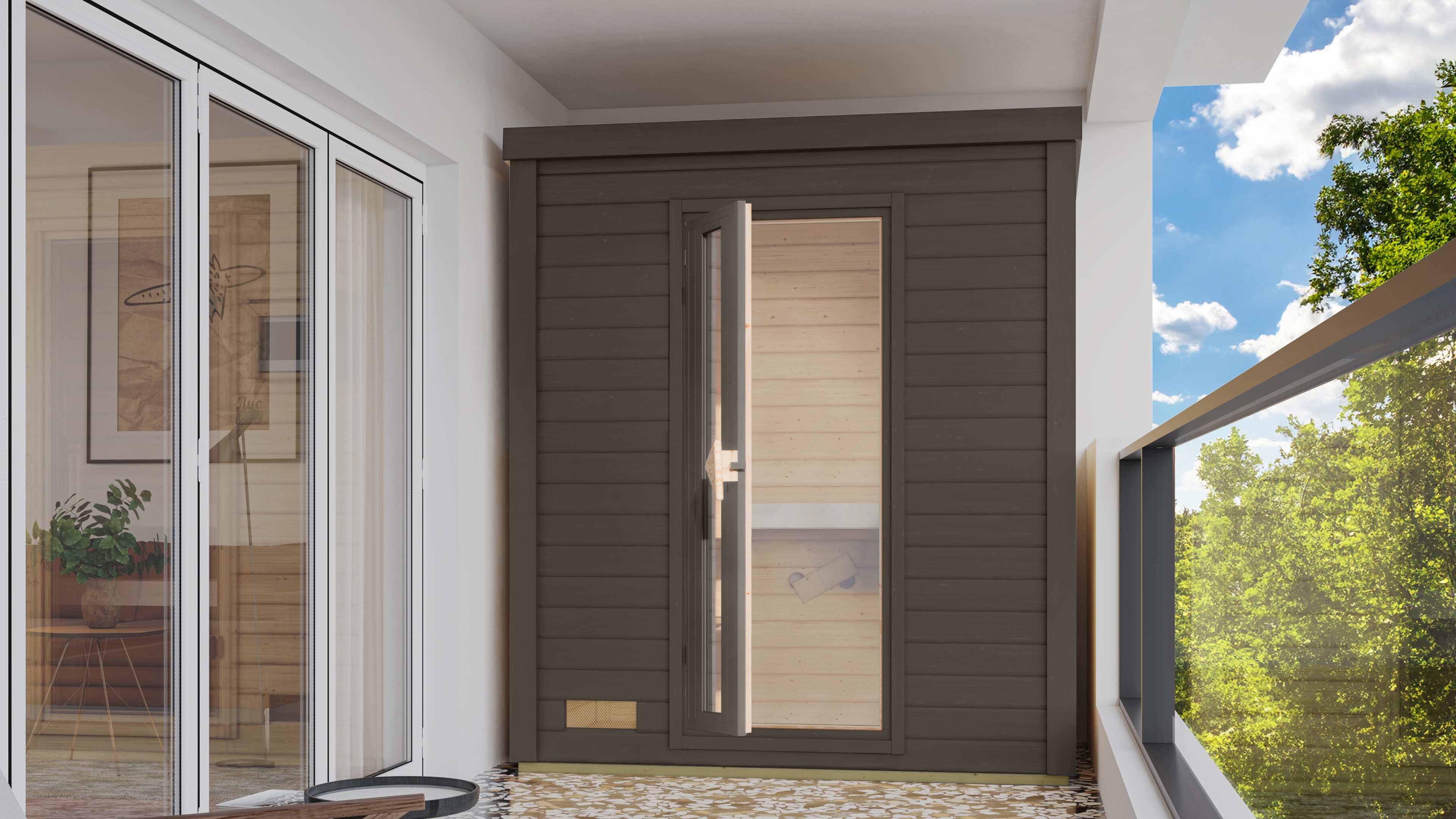 Saunahaus KARIBU "»Talo 0« mit Iso-Tür, terragrau", grau (terragrau), Saunaofen, integrierte Steuerung, (ohne Ofen), Saunen, Mit 9 kW Ofen und integrierter Steuerung