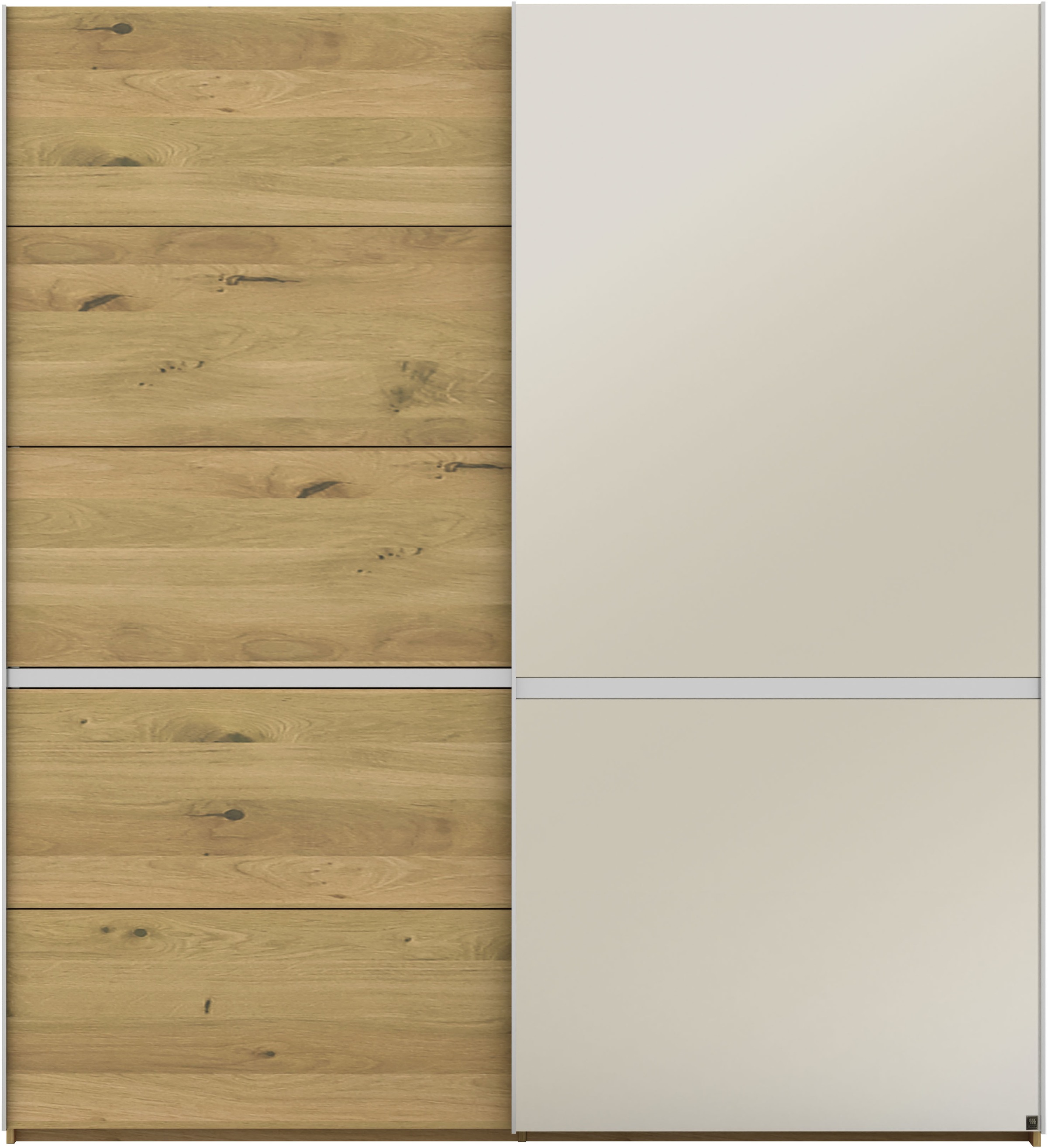 Schwebetürenschrank MUSTERRING "Savona, Kleiderschrank, Schrank, Garderobe, mit Schiebetüren", braun, B:200cm H:217cm, Schränke, Türen Bianco-Eiche massiv, Spiegel-/Glastüren, eingelegte Chromleiste