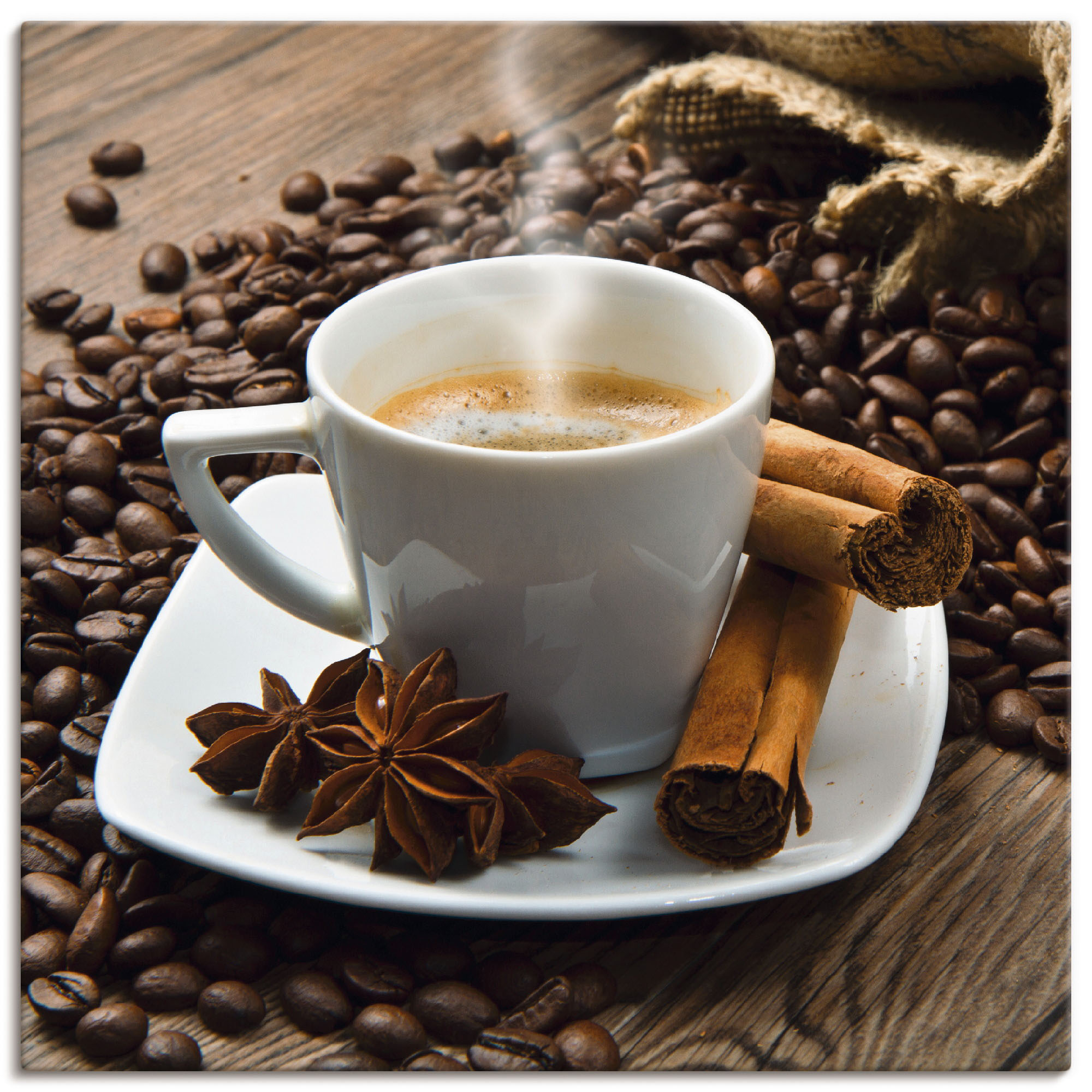 Wandbild ARTLAND "Kaffeetasse Leinensack mit Kaffeebohnen", braun (farbe bild(er): braun), B:70cm H:70cm, Canvas, Leinwand, Bilder, als Leinwandbild, Poster in verschied. Größen Image