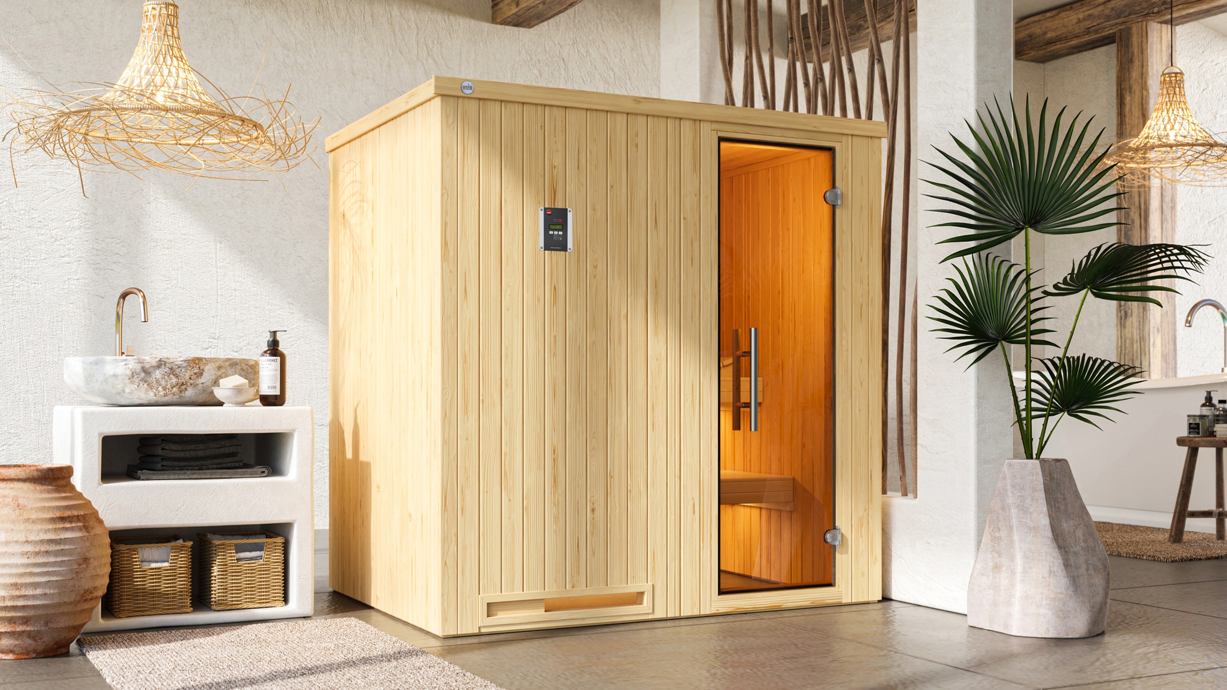 Sauna WEKA "Elementsauna HALMSTAD 1", beige (natur), Saunaofen, externe Steuerung, 4,5 kW, Saunen, vorgefertigte Elemente, moderne Ganzglastür Image