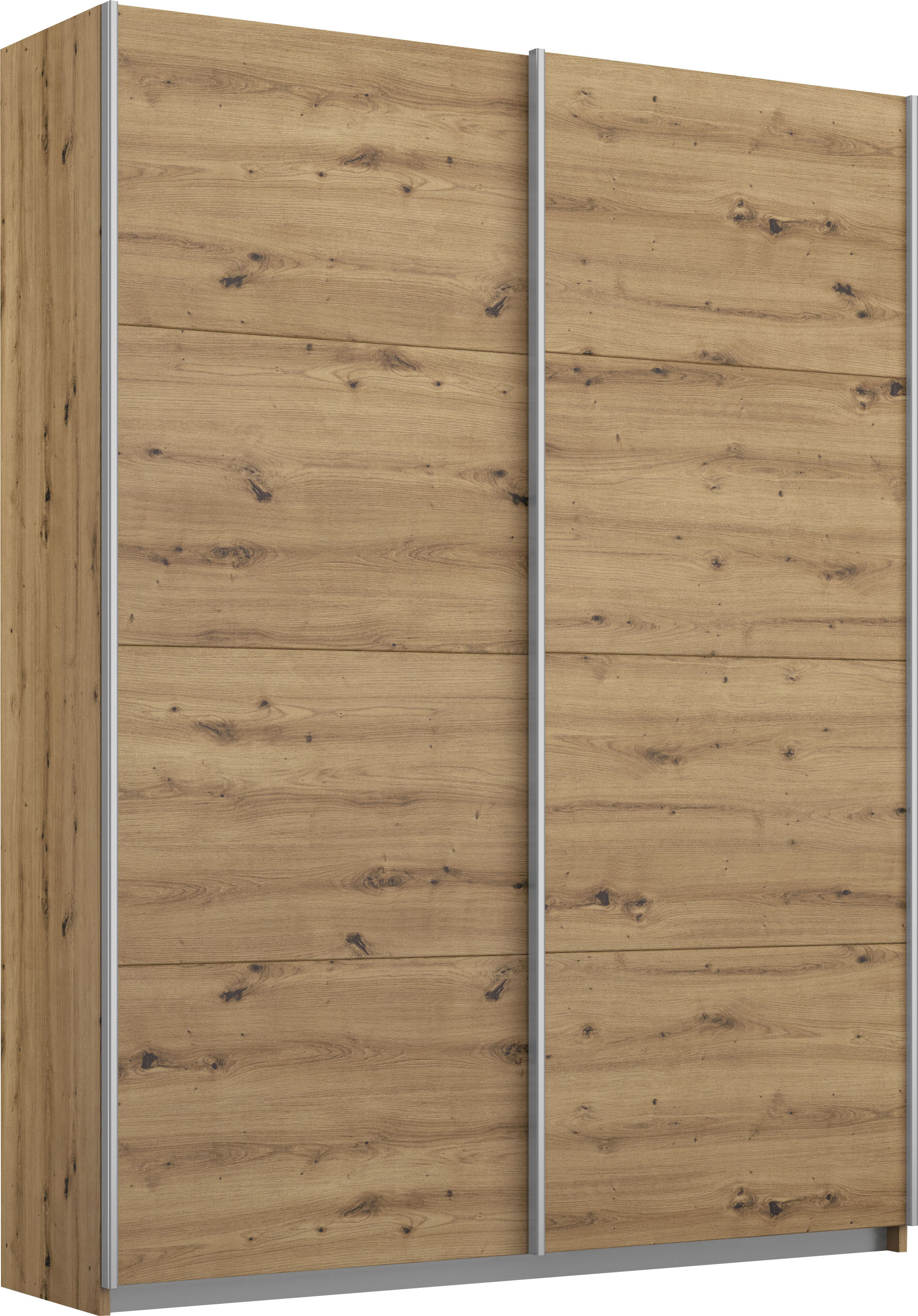 Schwebetürenschrank INOSIGN BY RAUCH "Kleiderschrank Schrank Garderobe Schlafzimmerschrank THANOS", braun (eiche artisan), B:136cm H:210cm T:62cm, Holzwerkstoff, Schränke, Optional mit Spiegel, Metall-Griffleisten alufarben MADE IN GERMANY Image