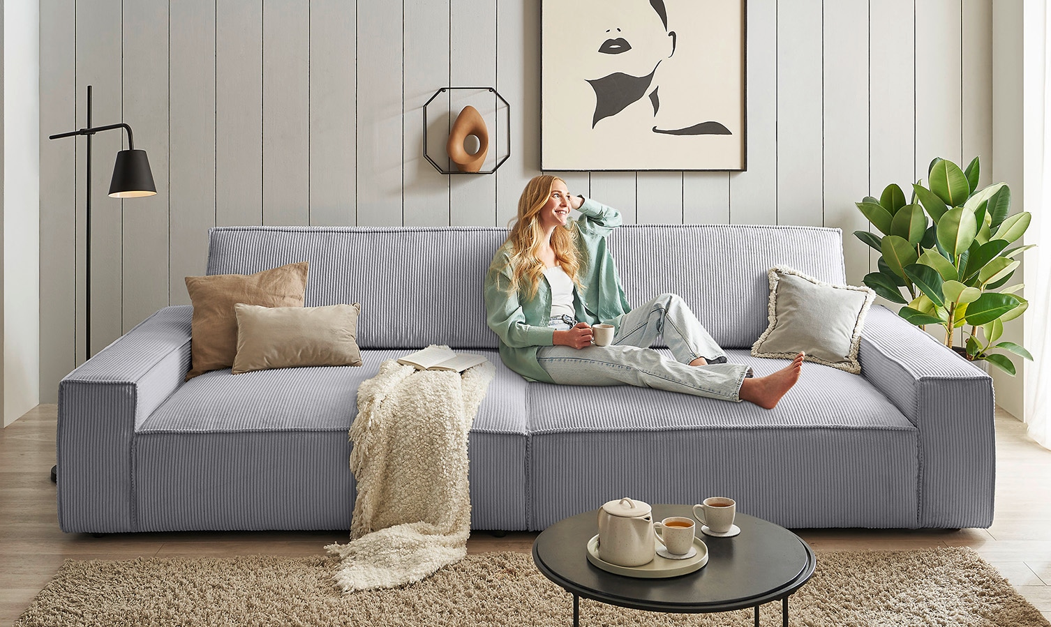 Big-Sofa HOME AFFAIRE "NEU: SHERWOOD XXL, Big-Sofa (316cm), extra tiefe Sitzfläche 95 cm", grau (hellgrau), B:316cm H:90cm T:135cm, 100% Polyester, Sofas, Big-Sofa, bequemer Sitzkomfort, Cord u. Leinenoptik, Kedernaht