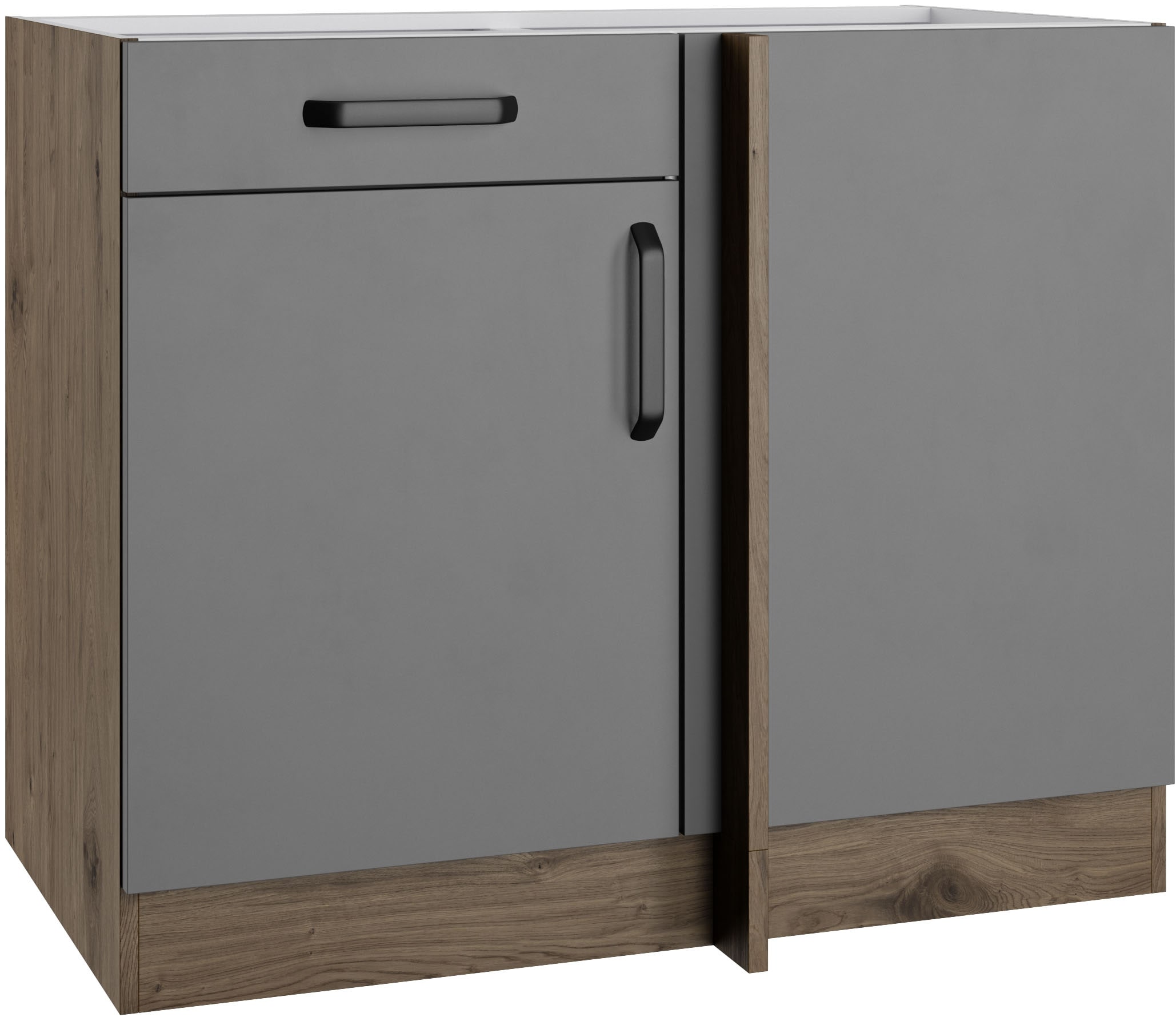 Eckunterschrank WIHO KÜCHEN "Elba", grau (front: graphit, korpus: halifax eiche braun), B:110cm H:82cm T:57cm, Holzwerkstoff, Schränke, Breite: 110 cm, mit Schubkasten und zusätzlichem Einlegeboden Image