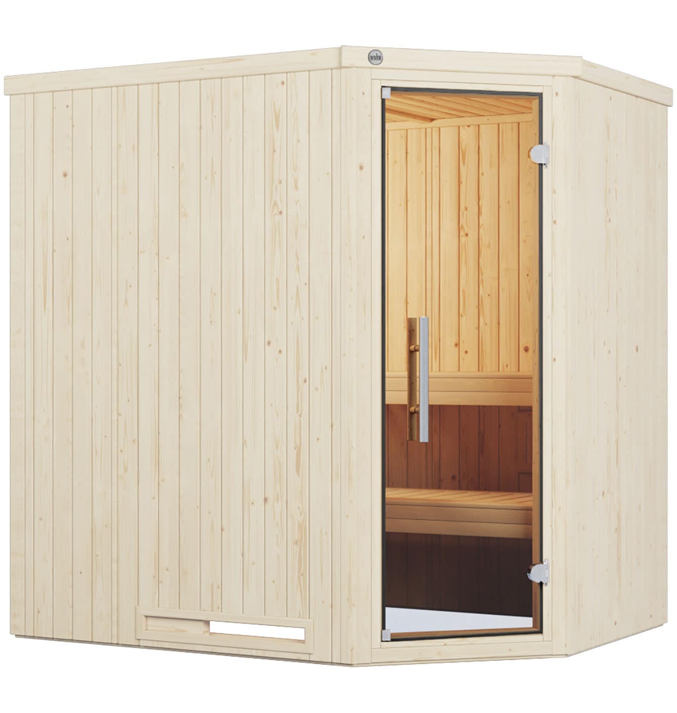 Sauna WEKA "Element-Ecksauna VARBERG 1", weiß, Bio-Ofen, externe Steuerung, 4,5 kW, Saunen, vorgefertigte Elemente, moderne Ganzglastür Image