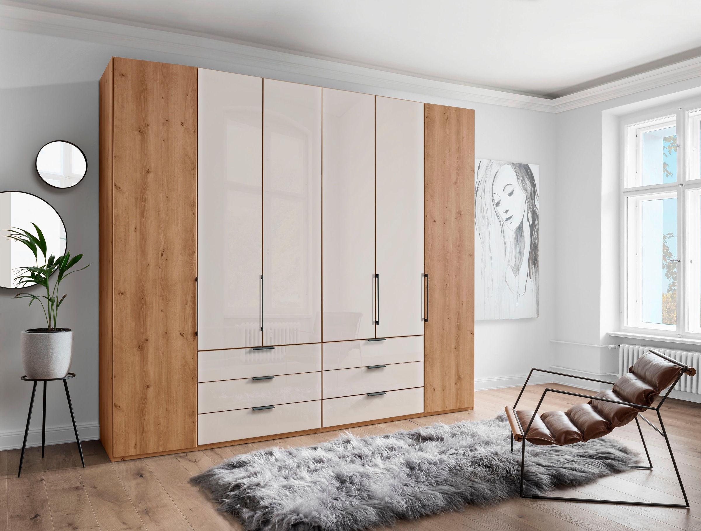Falttürenschrank WIEMANN "Monaco", braun (bianco, eiche, nachbildung, glas champagner), B:246,9cm H:216cm T:58cm, Floatglas, Holzwerkstoff, Schränke, Kleiderschrank Drehtürenschrank, Teil-Glasfront sowie hochwertige Beschläge inkl. Schubladendämpfung