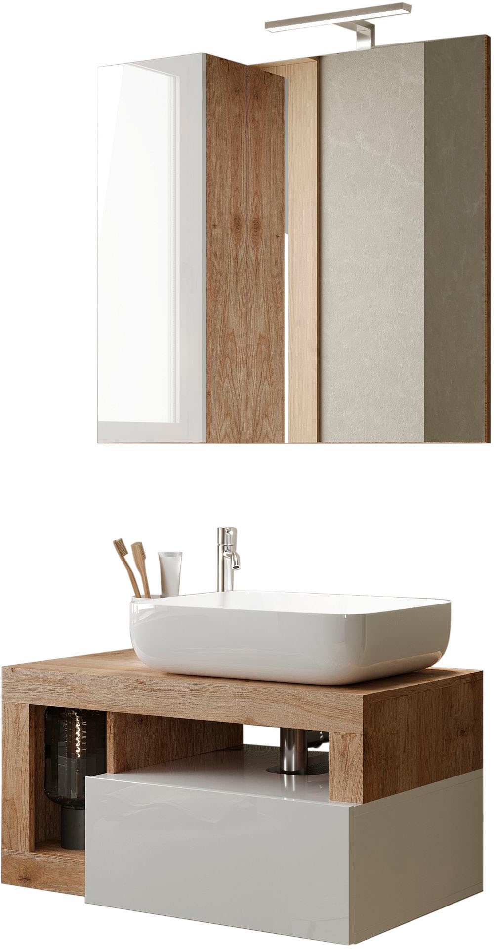 Badmöbel-Set WELLTIME "Hamburg, Badezimmerset 2tlg. Breite 79 cm, Badmöbel, Waschtisch inkl.", braun (weiß, eiche cadiz nb), B:79cm H:190cm T:49cm, Kastenmöbel-Sets, Badmöbel-Set, Waschbecken, Spiegelschrank mit LED Aufbauleuchte, Soft-Close-Funktion