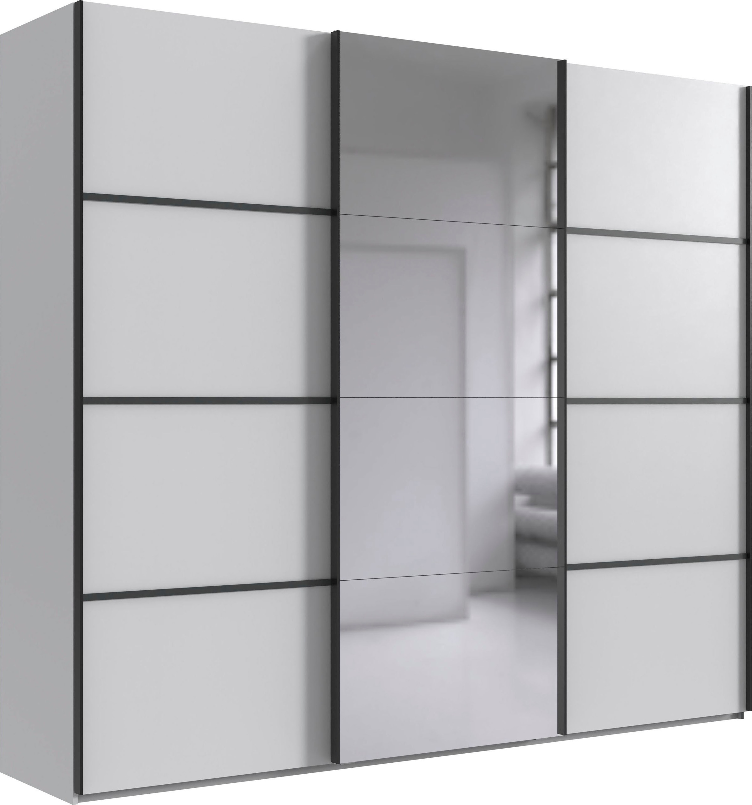 Schwebetürenschrank WIMEX "Jork Kleiderschrank mit Spiegel, schwarze Metallgriffe", weiß (weiß, abgesetzt graphit), B:270cm H:208cm T:65cm, Holzwerkstoff, Spanplatte, Schränke, Schwebetürenschrank, Schrank in verschiedenen Größen und...