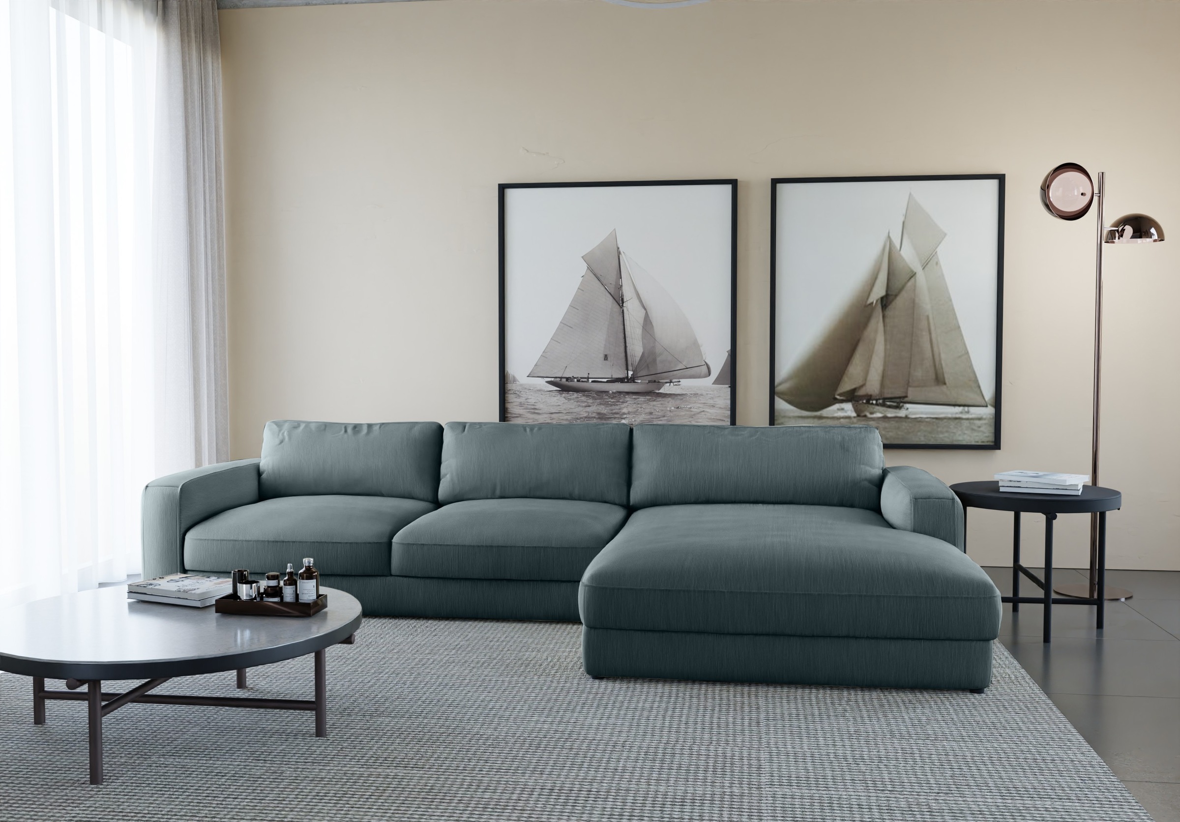 Ecksofa PLACES OF STYLE "Bloomfield, elegant, viel Platz, Mega Couch, Breite 303cm, L-Form", bunt (turbulence), B:303cm H:84cm T:176cm, 100% Polyester, Sofas, extra tiefe Sitzfläche, wahlweise mit Sitztiefenverstellung