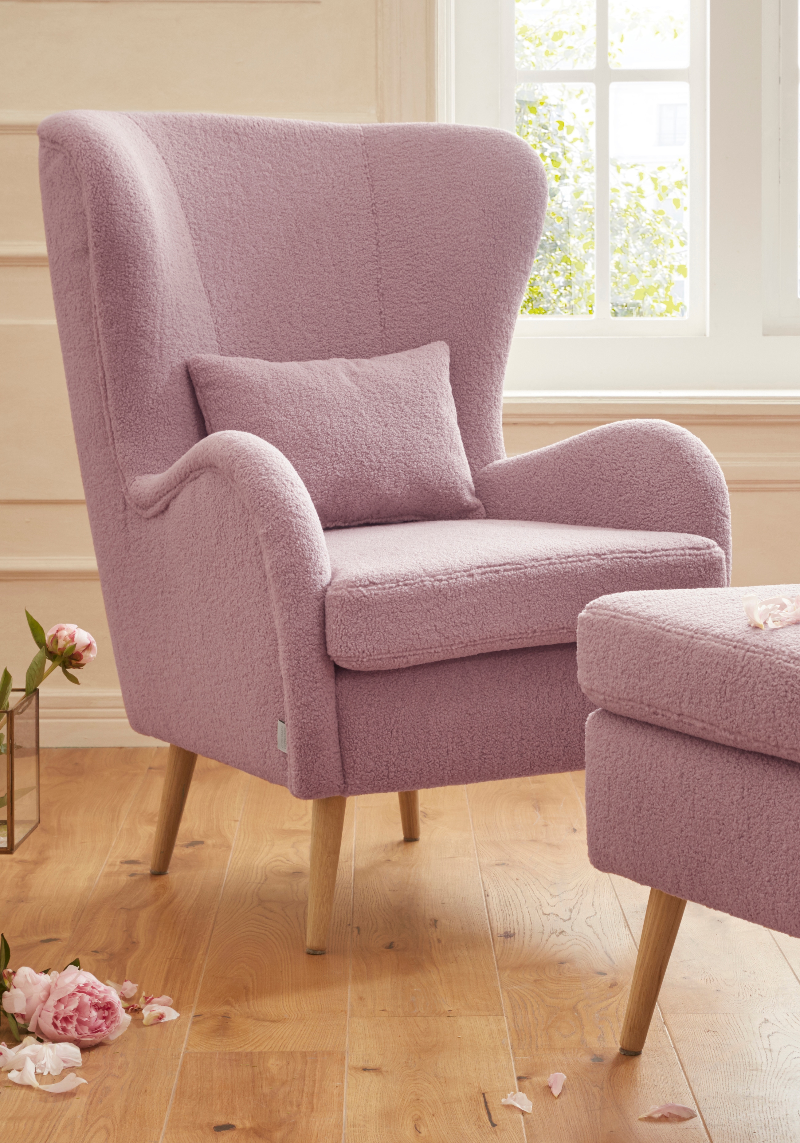 Sessel HOME AFFAIRE "Salla auch in Fellimitat und Feincord, viele Bezugsarten, Ohrensessel", rosa (rosé), H:118cm T:94cm, Fellimitat (100% Polyestr), Sessel, Ohrensessel ohne Hocker Ohrensessel Ohrensessel mit Hocker, wahlweise mit oder ohne Hocker;...