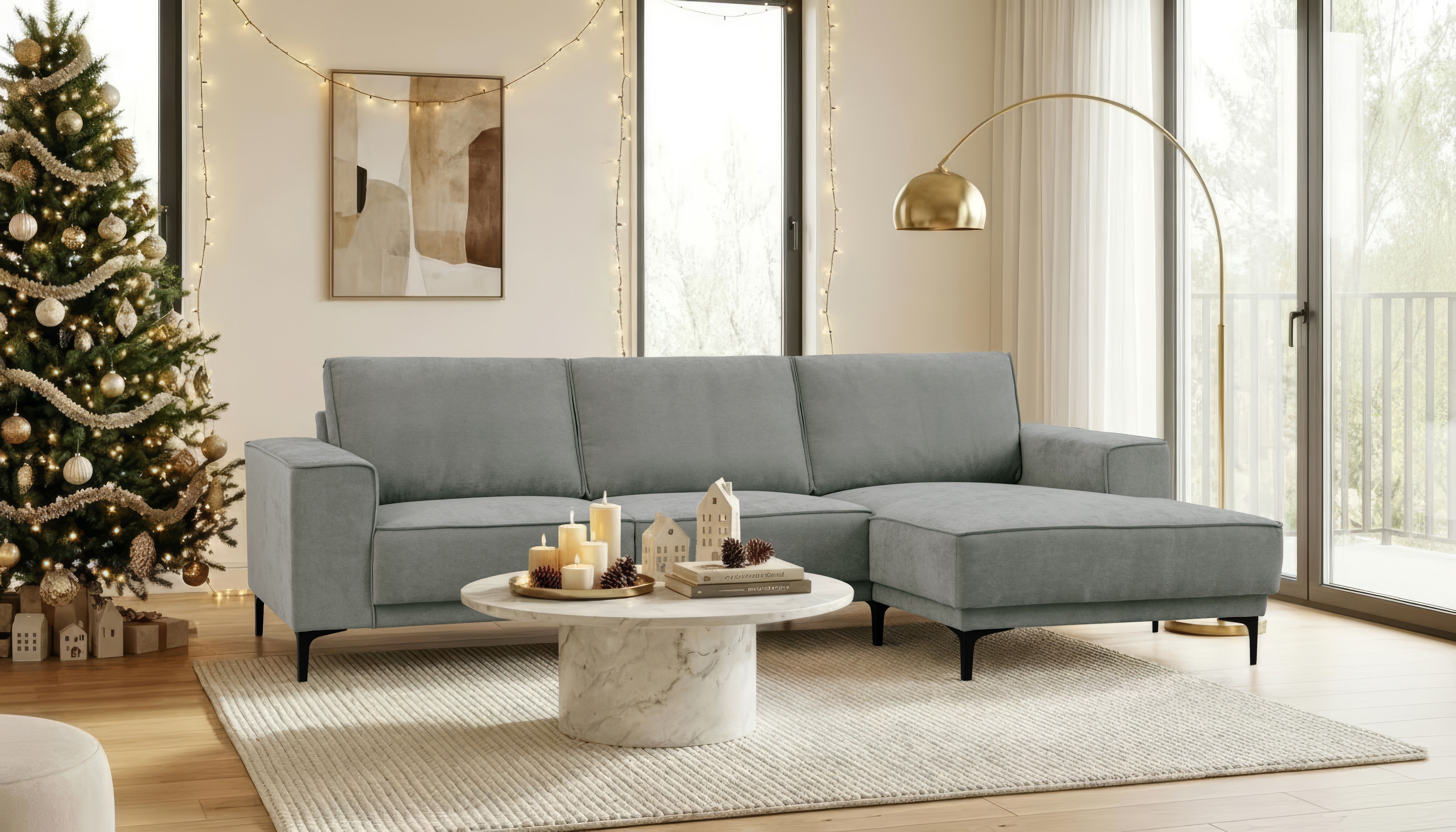 Ecksofa OTTO HOME "Polsterecke Oland, Struktur, Flachgewebe, Luxus-Microfaser, Boucle", grau (dunkelgrau), B:280cm H:85cm T:152cm, 100% Polyester, Sofas, Ecksofa, L-Form, 280 cm, Wellenunterfederung, Skandi-Design, Metallfüße