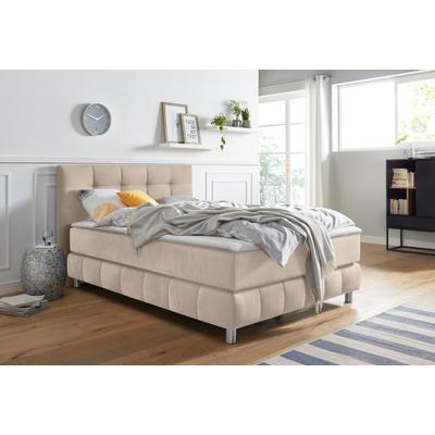 Boxspringbett ANDAS "Salo", beige, B:134cm L:211cm, Struktur (100% Polyester), Bezug der Spiegelfläche Matratzendrell aus 100% Polyester, Samtoptik (100% Polyester), Komplettbetten, Boxspringbett, incl. Topper, 6 Breiten, 2 Härtegrade, TFK auch in... Image