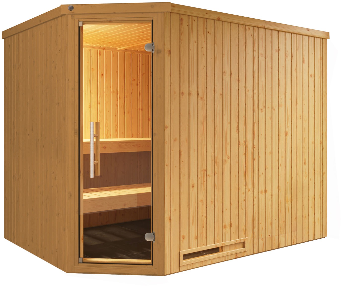 Sauna WEKA "Element-Ecksauna VARBERG 4", beige (natur), Saunaofen, externe Steuerung, 7,5 kW, Saunen, vorgefertigte Elemente, moderne Ganzglastür